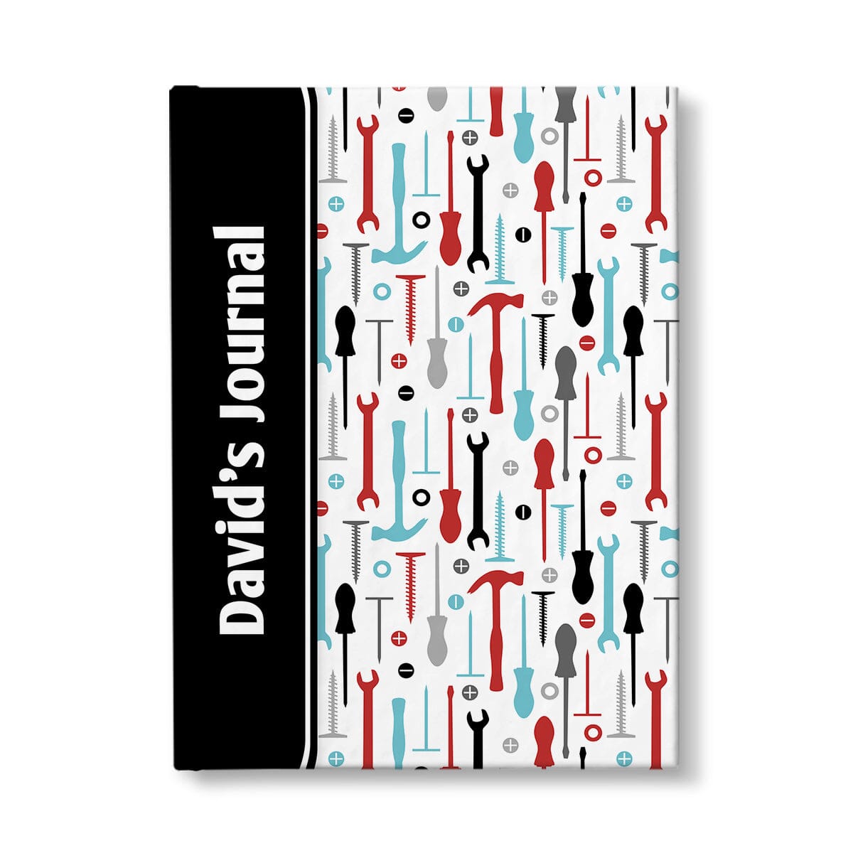 Personalized Red Turquoise Tools Pattern Journal at Artistically Invited. A custom book designed with a black color block wrapping around the spine area over an organized pattern of red, turquoise, black, and gray tools on the rest of the background. This handyman or contractor-inspired pattern includes hammers, screwdrivers, wrenches, nails, screws, and washers. Your personalized name and text of your choice is custom printed sideways in white over the black color block on the front near the spine.