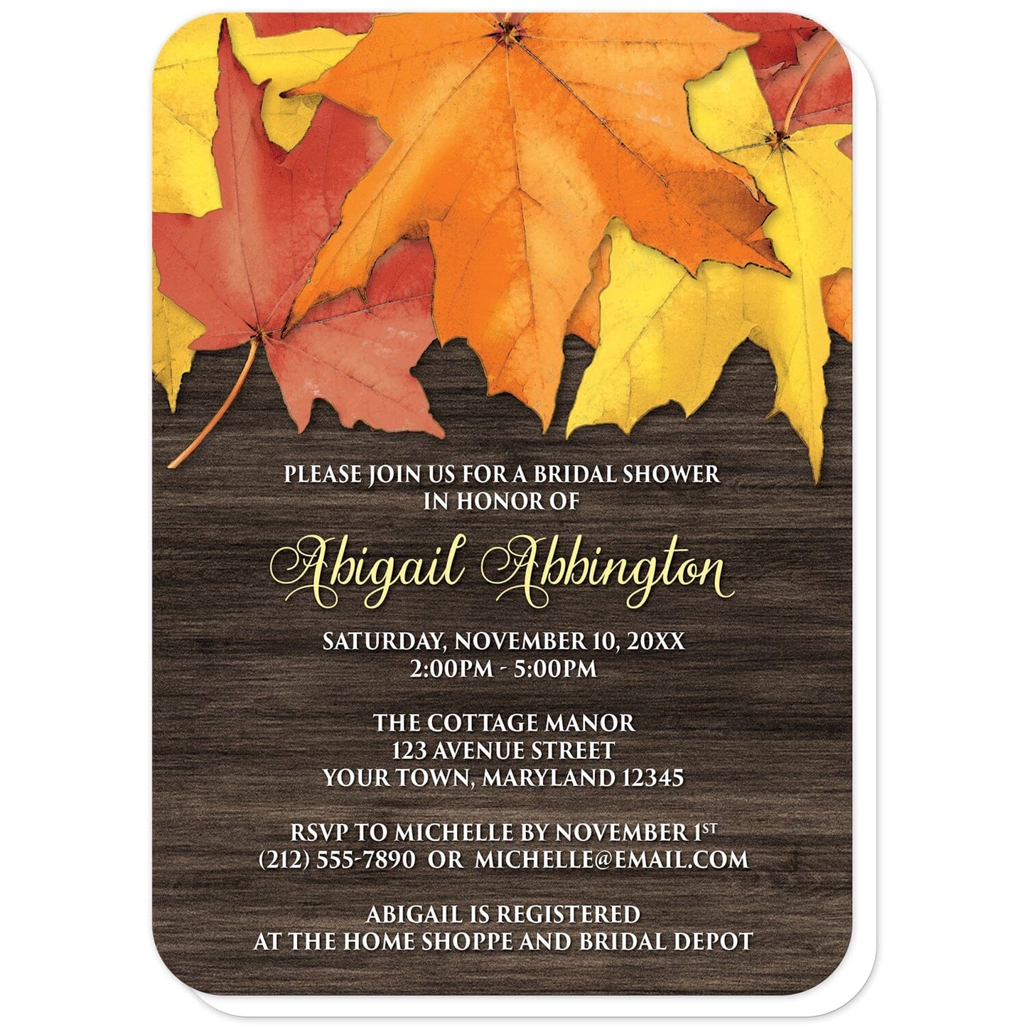 Rustic Autumn Leaves Wood Bridal Shower Invitations (with rounded corners) at Artistically Invited. Southern-inspired rustic autumn leaves wood bridal shower invitations with an arrangement of rustic yellow, orange, and red fall leaves along the top over a dark brown wood pattern. Your personalized bridal shower celebration details are custom printed in yellow and white over the rustic wood background.