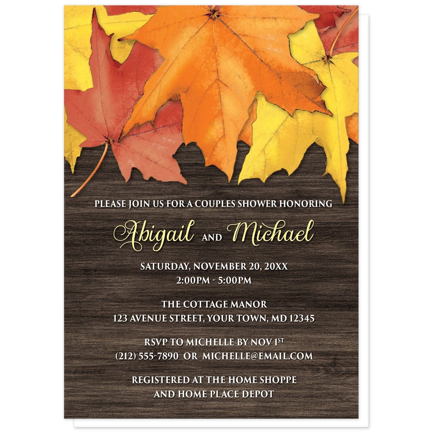Rustic Autumn Leaves Wood Couples Shower Invitations at Artistically Invited. Southern-inspired rustic autumn leaves wood couples shower invitations with an arrangement of rustic yellow, orange, and red fall leaves along the top over a dark brown wood pattern. Your personalized couples shower celebration details are custom printed in yellow and white over the rustic wood background.