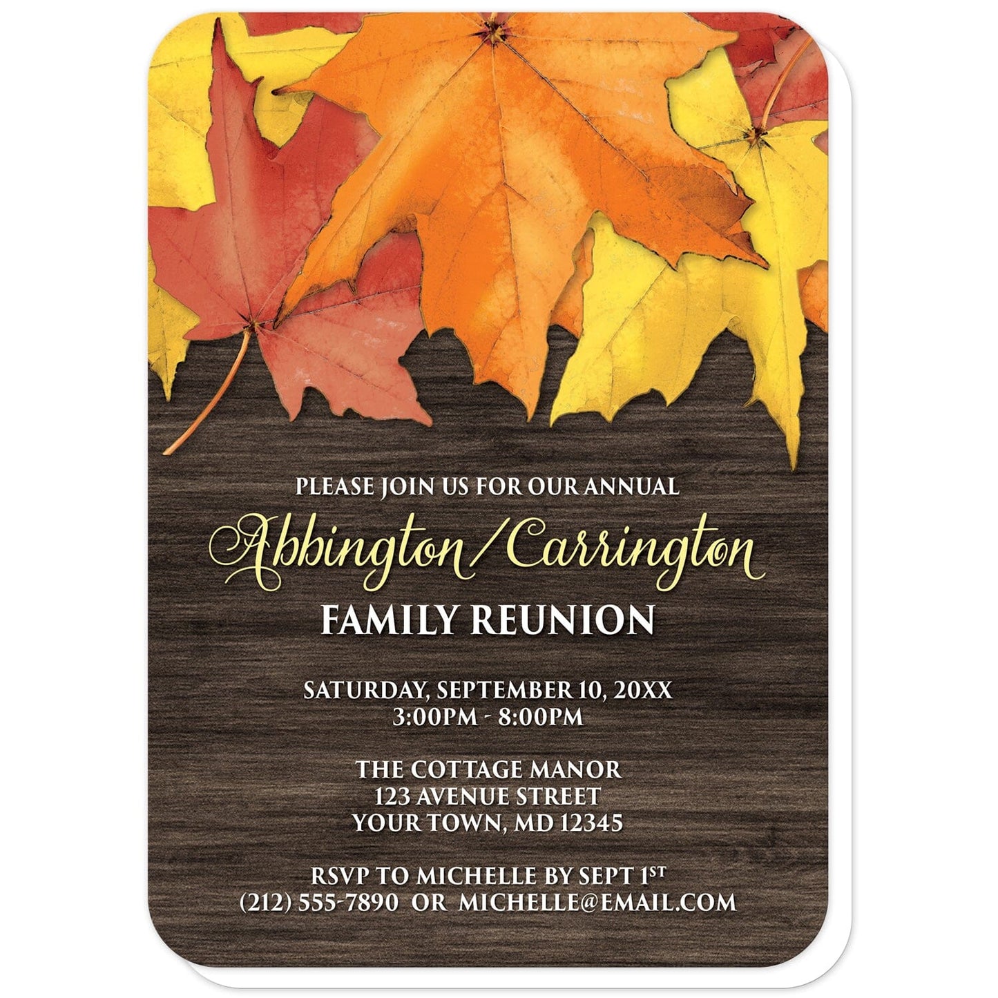 Rustic Autumn Leaves Wood Family Reunion Invitations (with rounded corners) at Artistically Invited. Southern-inspired rustic autumn leaves wood family reunion invitations with an arrangement of rustic yellow, orange, and red fall leaves along the top over a dark brown wood pattern. Your personalized reunion celebration details are custom printed in yellow and white over the rustic wood background. 