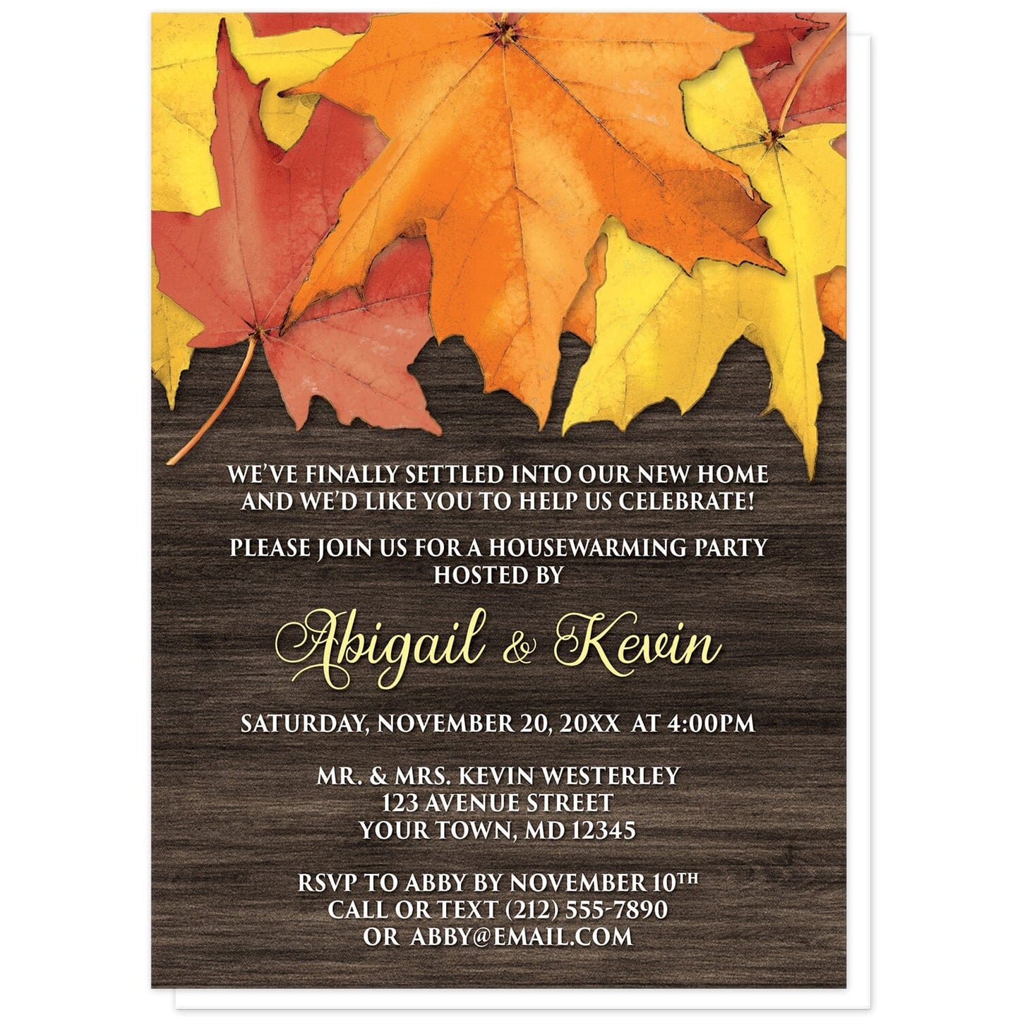 Rustic Autumn Leaves Wood Housewarming Invitations at Artistically Invited. Southern-inspired rustic autumn leaves wood housewarming invitations with an arrangement of rustic yellow, orange, and red fall leaves along the top over a dark brown wood pattern. Your personalized housewarming event details are arranged in yellow and white over the rustic wood background.