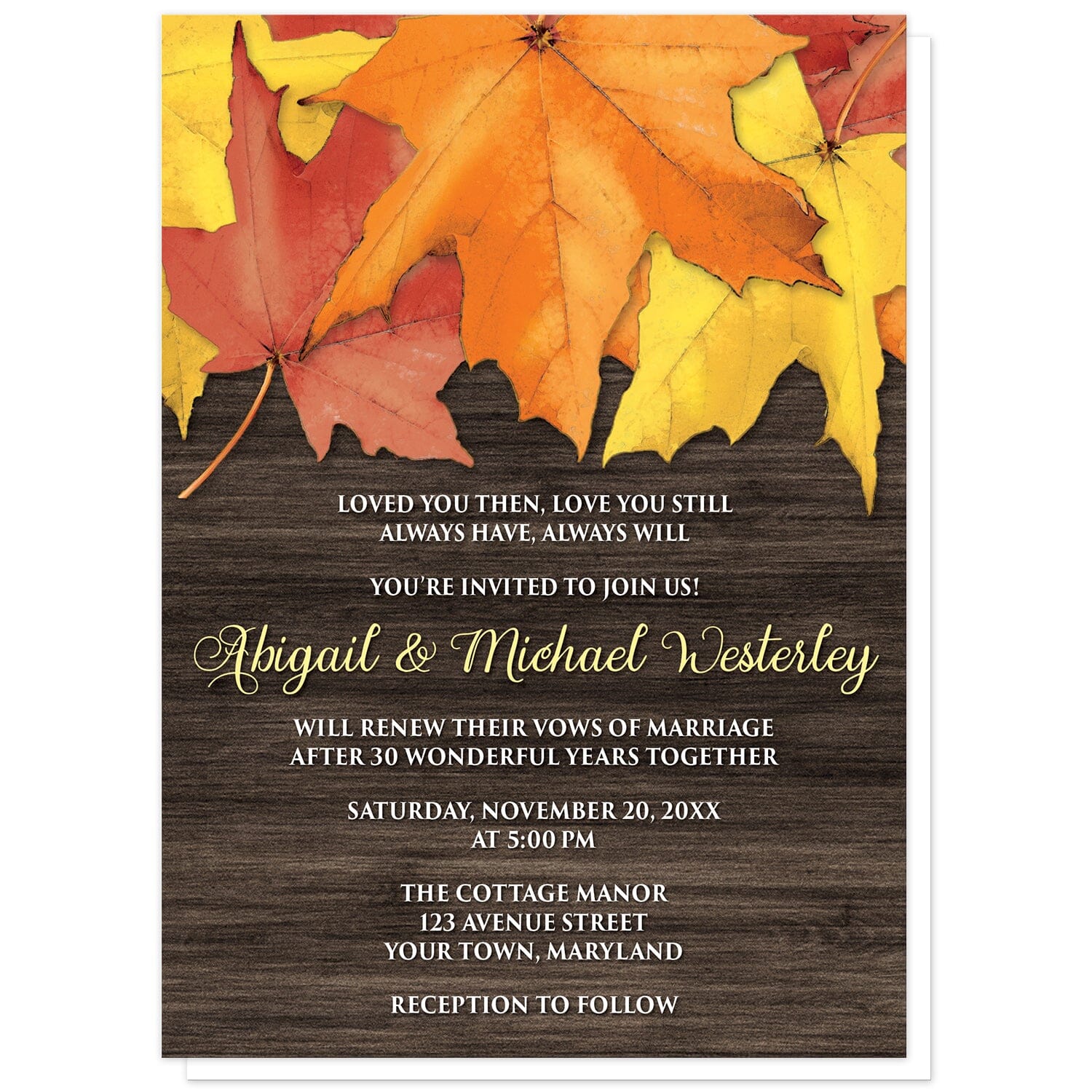 Rustic Autumn Leaves Wood Vow Renewal Invitations at Artistically Invited. Southern-inspired rustic autumn leaves wood vow renewal invitations with an arrangement of rustic yellow, orange, and red fall leaves along the top over a dark brown wood pattern. Your personalized vow renewal occasion details are arranged in yellow and white over the rustic wood background.