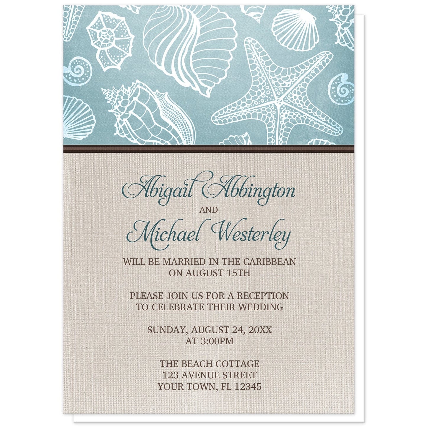 Rustic Beach Linen Reception Only Invitations at Artistically Invited. Rustic beach linen reception only invitations with a white line seashell pattern over a beachy turquoise background along the top. Your personalized post-wedding reception details are arranged in dark turquoise and brown over a beige canvas background design below the seashell pattern.