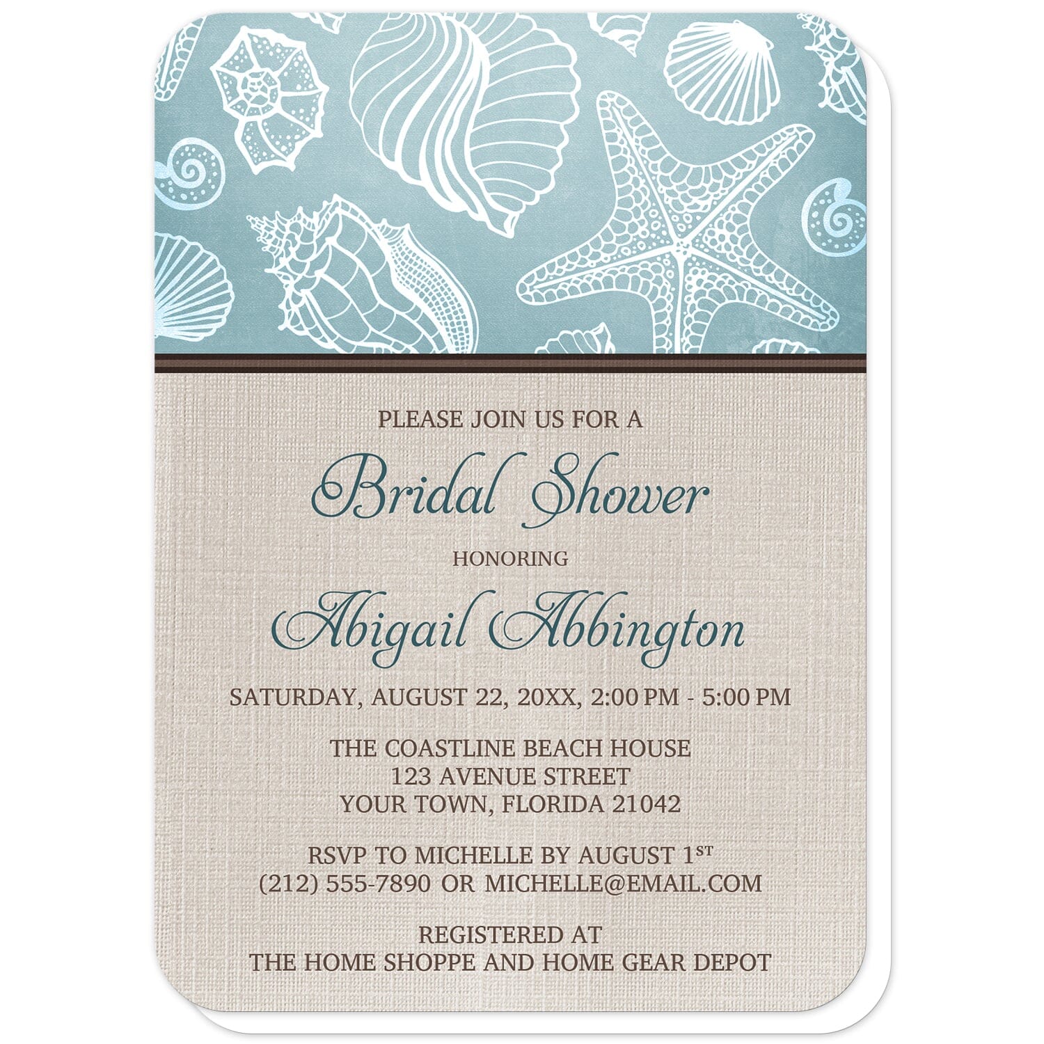 Rustic Beach Linen Seashell Bridal Shower Invitations (with rounded corners) at Artistically Invited. Rustic beach linen seashell bridal shower invitations with a white line seashell pattern over a beachy turquoise background along the top. Your personalized bridal shower celebration details are custom printed in dark turquoise and brown over a beige canvas background design below the seashell pattern.