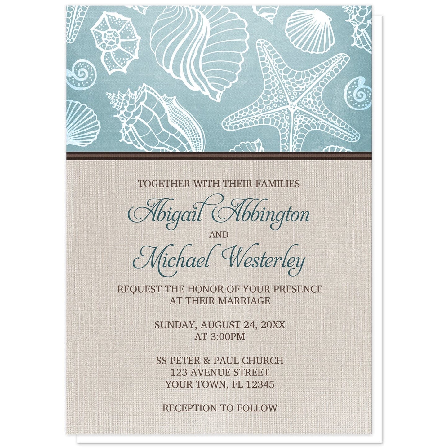 Rustic Beach Linen Wedding Invitations at Artistically Invited. Rustic beach linen wedding invitations with a white line seashell pattern over a beachy turquoise background along the top. Your personalized marriage celebration details are arranged in dark turquoise and brown over a beige canvas background design below the seashell pattern.