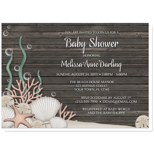 Rustic Beach Seashells and Wood Baby Shower Invitations at Artistically Invited. Rustic beach seashells and wood baby shower invitations with a rustic "on the beach" or "under the sea" theme. They are designed with a dark wood pattern, sandy seabed, assorted seashells, coral, and kelp. Your personalized baby shower celebration details are arranged in white over the wood background.