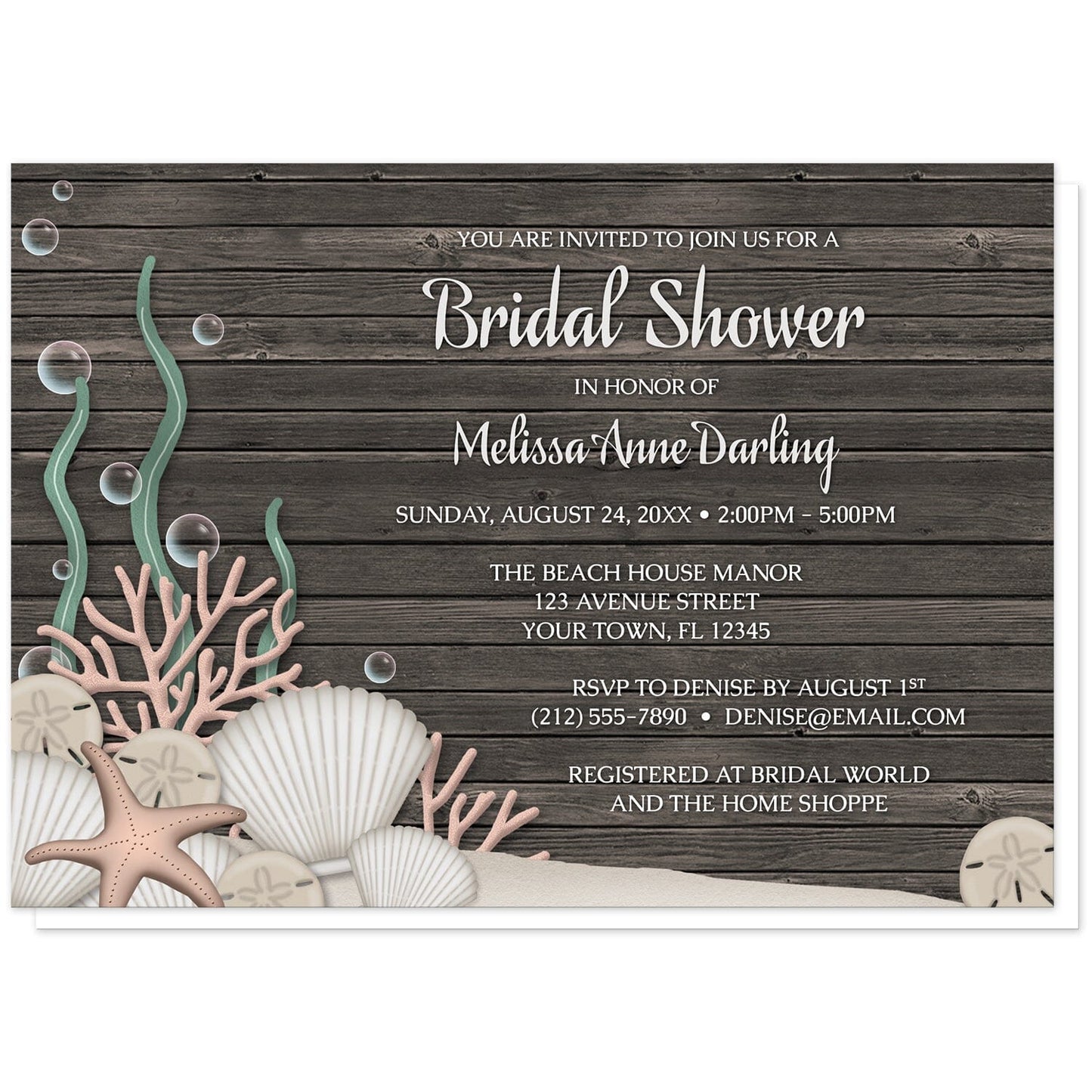Rustic Beach Seashells and Wood Bridal Shower Invitations at Artistically Invited. Rustic beach seashells and wood bridal shower invitations with a rustic "on the beach" or "under the sea" theme. They are designed with a dark wood pattern, sandy seabed, assorted seashells, coral, and kelp. Your personalized bridal shower celebration details are arranged in white over the wood background.