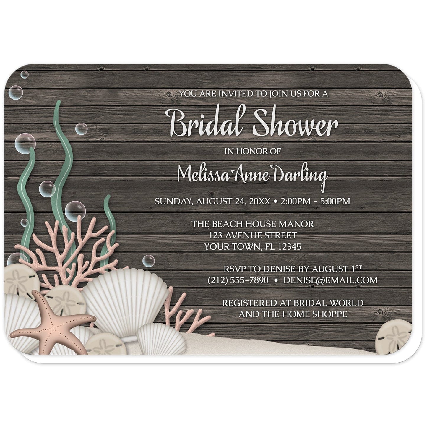 Rustic Beach Seashells and Wood Bridal Shower Invitations (with rounded corners) at Artistically Invited. Rustic beach seashells and wood bridal shower invitations with a rustic "on the beach" or "under the sea" theme. They are designed with a dark wood pattern, sandy seabed, assorted seashells, coral, and kelp. Your personalized bridal shower celebration details are custom printed in white over the wood background.
