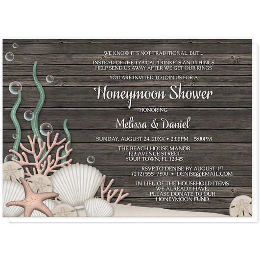 Rustic Beach Seashells and Wood Honeymoon Shower Invitations at Artistically Invited. Rustic beach seashells and wood honeymoon shower invitations with a rustic "on the beach" or "under the sea" theme. They are designed with a dark wood pattern, sandy seabed, assorted seashells, coral, and kelp. Your personalized honeymoon shower celebration details are arranged in white over the wood background.