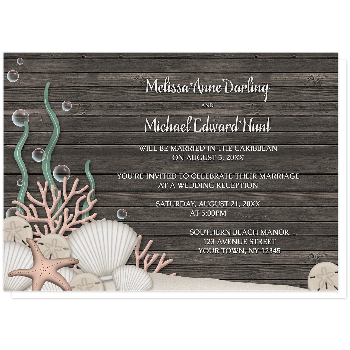 Rustic Beach Seashells and Wood Reception Only Invitations at Artistically Invited. Rustic beach seashells and wood reception only invitations with a rustic "on the beach" or "under the sea" theme. They are designed with a dark wood pattern, sandy seabed, assorted seashells, coral, and kelp. Your personalized post-wedding reception details are arranged in white over the wood background.