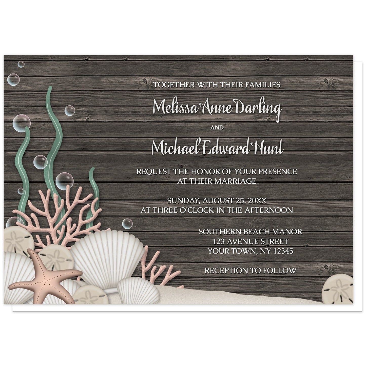 Rustic Beach Seashells and Wood Wedding Invitations at Artistically Invited. Rustic beach seashells and wood wedding invitations with a rustic "on the beach" or "under the sea" theme. They are designed with a dark wood pattern, sandy seabed, assorted seashells, coral, and kelp. Your personalized marriage celebration details are arranged in white over the wood background.