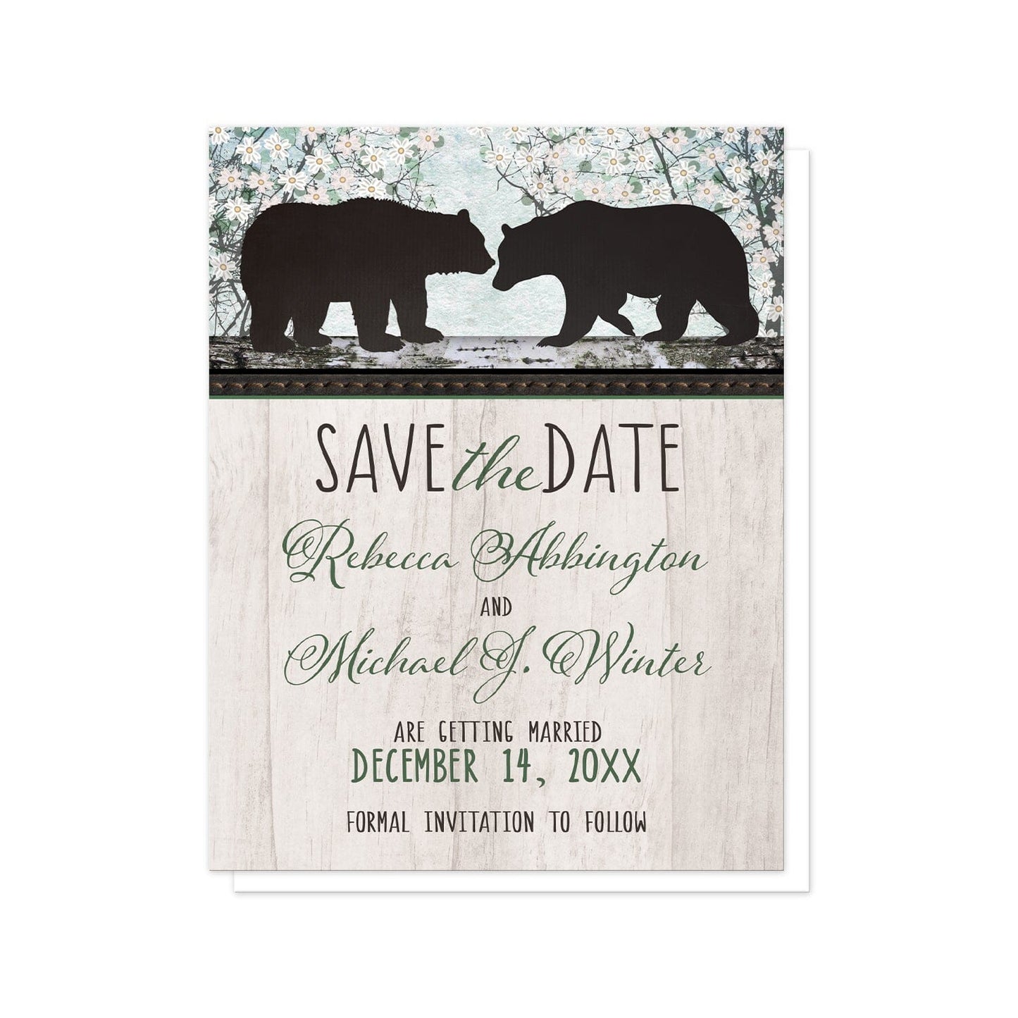 Rustic Bear Floral Wood Save the Date Cards at Artistically Invited. Rustic bear floral wood save the date cards with two silhouette bears on a wooden tree trunk-like stripe over a whimsical spring floral trees illustration. Your personalized wedding date announcement details are arranged in black and green over a light rustic wood image background.
