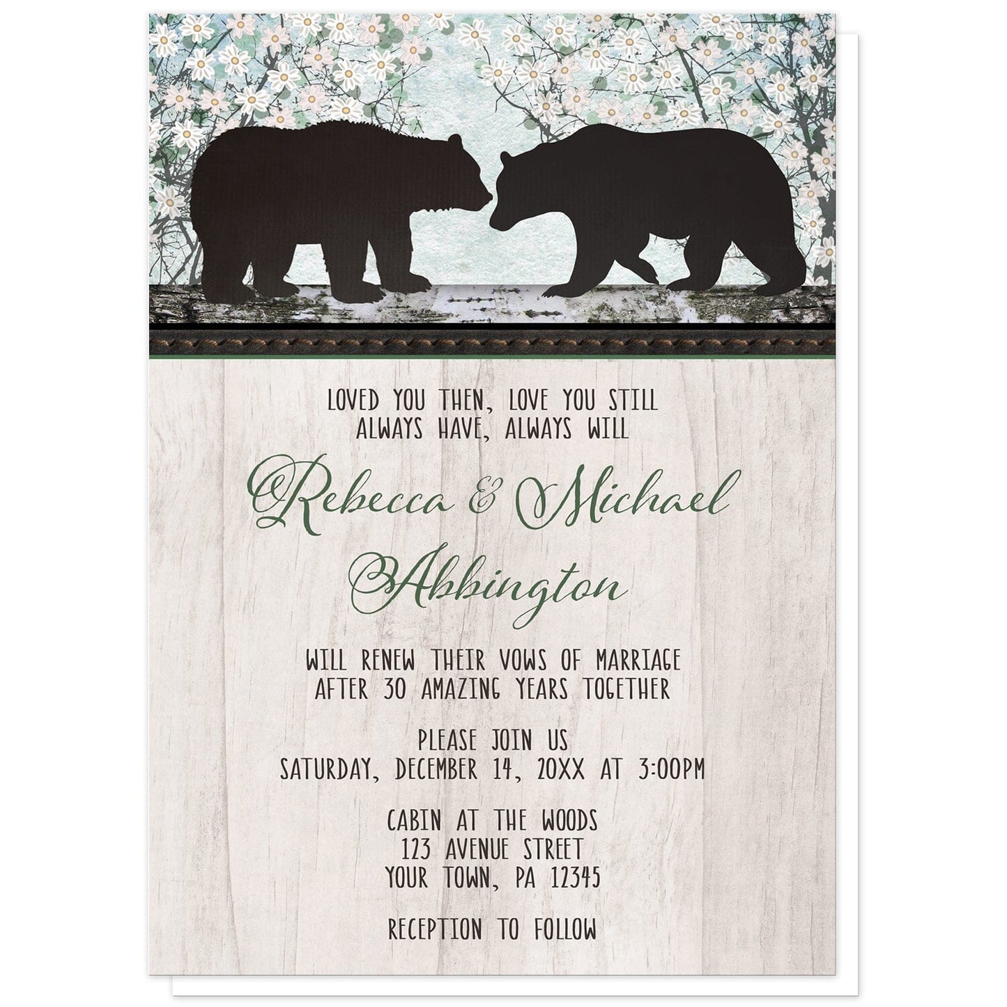 Rustic Bear Floral Wood Vow Renewal Invitations at Artistically Invited. Rustic bear floral wood vow renewal invitations with two silhouette bears on a wooden tree trunk-like stripe over a whimsical spring floral trees illustration. Your personalized vow renewal celebration details are arranged in black and green over a light rustic wood image background.