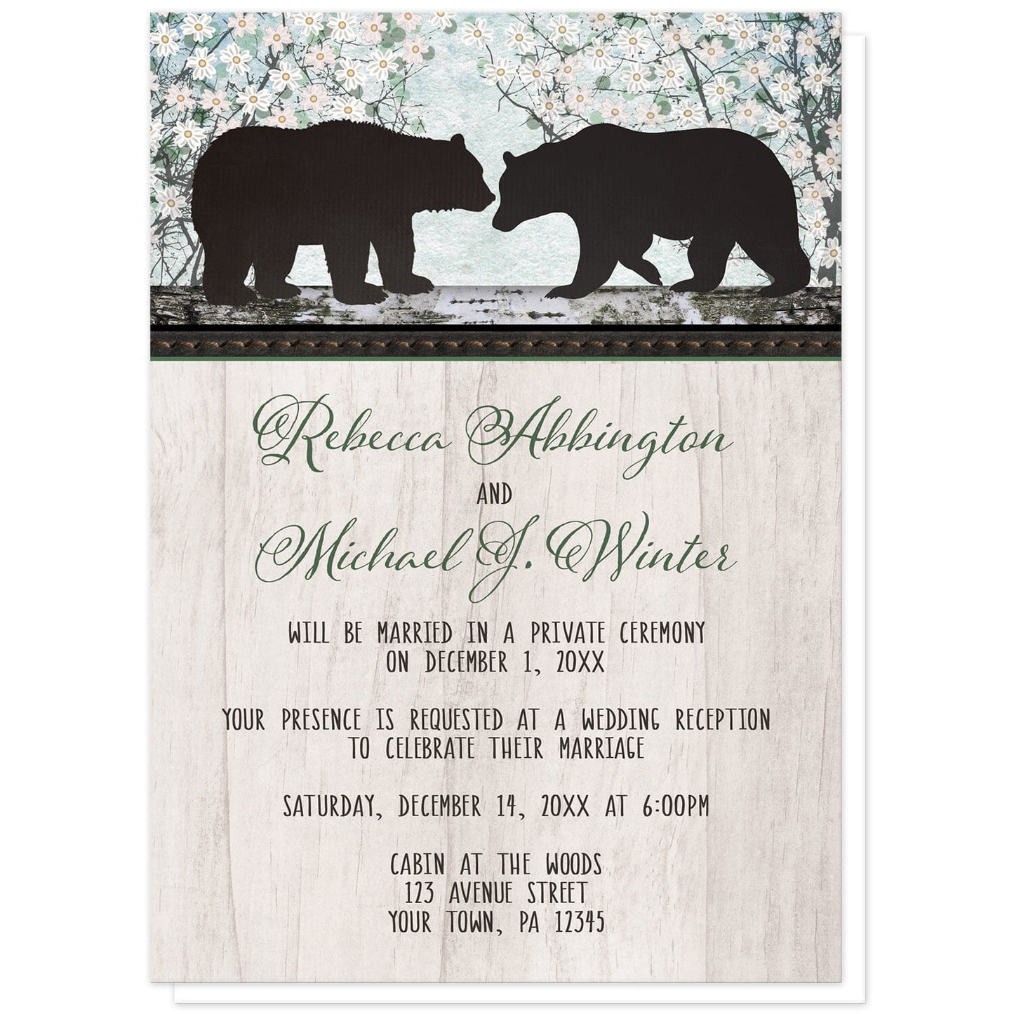 Rustic Bear Spring Floral Reception Only Invitations at Artistically Invited. Rustic bear floral wood reception only invitations with two silhouette bears on a wooden tree trunk-like stripe over a whimsical spring floral trees illustration. Your personalized post-wedding reception details are arranged in black and green over a light rustic wood image background.