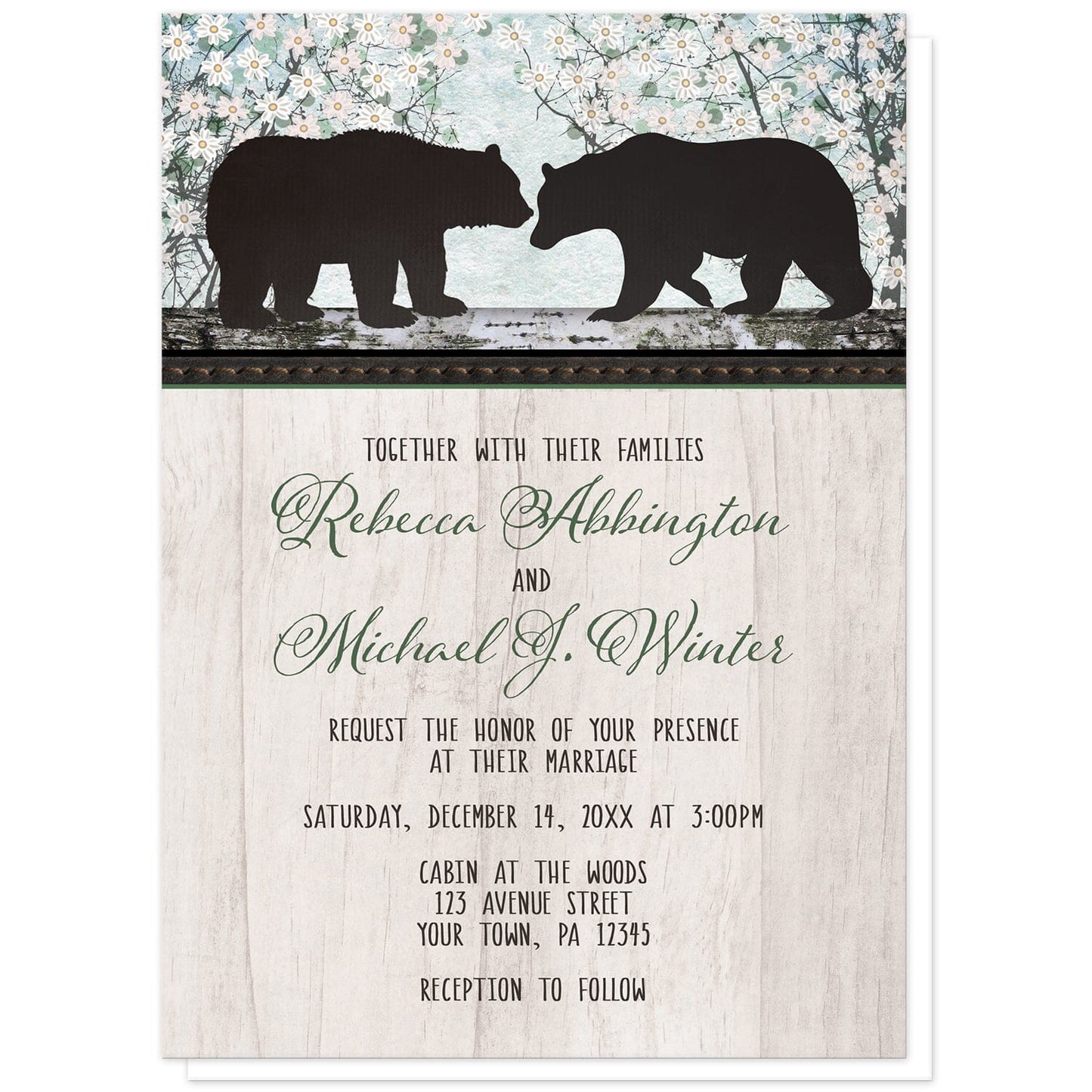Rustic Bear Spring Floral Wedding Invitations at Artistically Invited. Rustic bear floral wood wedding invitations with two silhouette bears on a wooden tree trunk-like stripe over a whimsical spring floral trees illustration. Your personalized marriage celebration details are arranged in black and green over a light rustic wood image background.