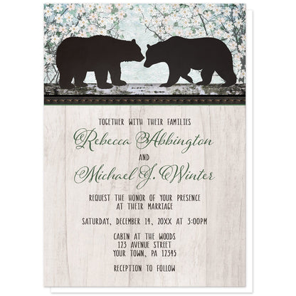 Rustic Bear Spring Floral Wedding Invitations at Artistically Invited. Rustic bear floral wood wedding invitations with two silhouette bears on a wooden tree trunk-like stripe over a whimsical spring floral trees illustration. Your personalized marriage celebration details are custom printed in black and green over a light rustic wood image background.