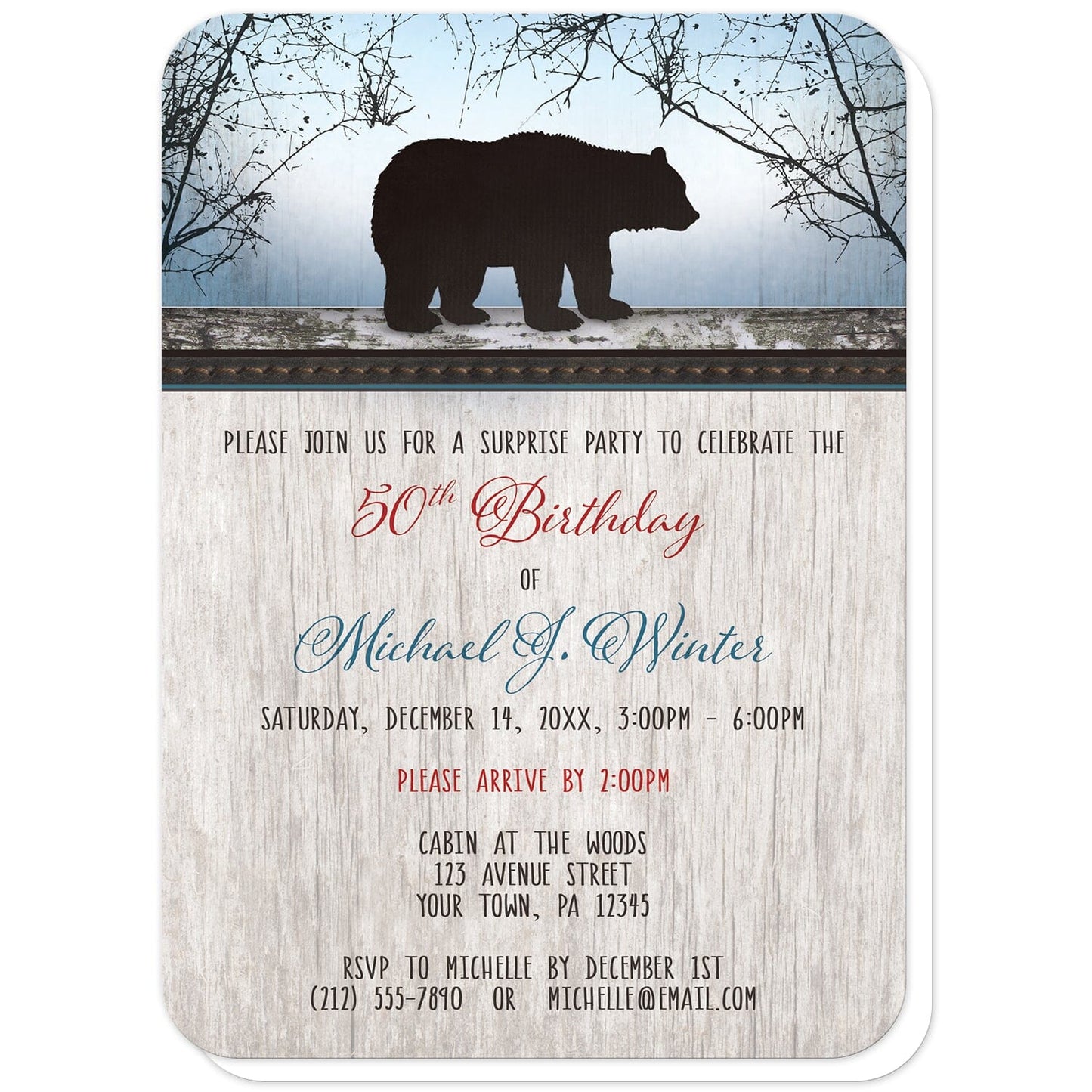 Rustic Bear Wood Red Blue Birthday Invitations (with rounded corners) at Artistically Invited. Rustic bear wood red blue birthday invitations with a dark silhouette bear on wooden log at the top, over a blue background with trees and a wood watermark. Your personalized surprise party details are custom printed in red, blue, and dark brown over a light rustic wood texture background below the bear design. You may also select green text in place of the red text in the personalization.