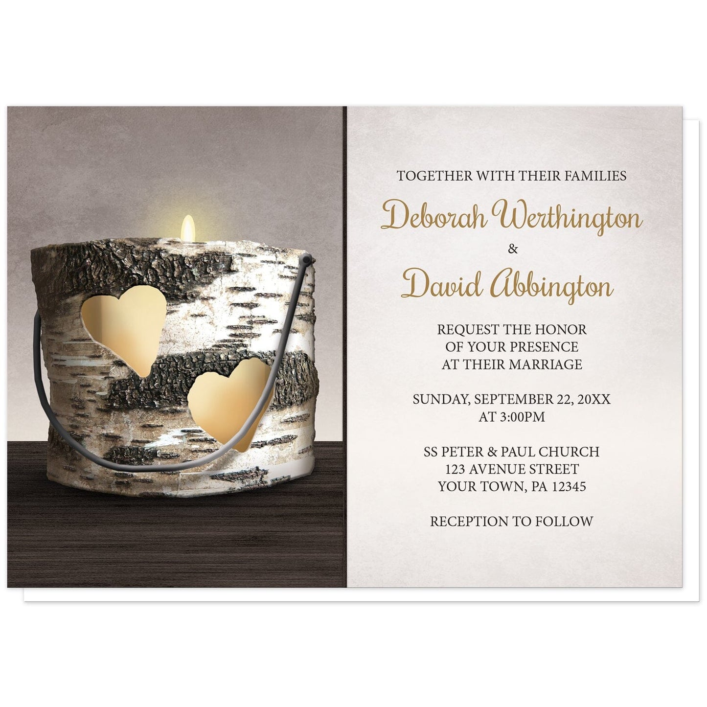 Rustic Birch Candle Hearts Wedding Invitations at Artistically Invited. Southern-inspired rustic birch candle hearts wedding invitations with an illustration of a white birch bark candle holder, with two hearts cut from it revealing a candle lit inside of it, on a dark wood grain tabletop over a mocha beige background. Your personalized marriage celebration details are arranged in gold and brown over a lighter beige background to the right of the birch candle.
