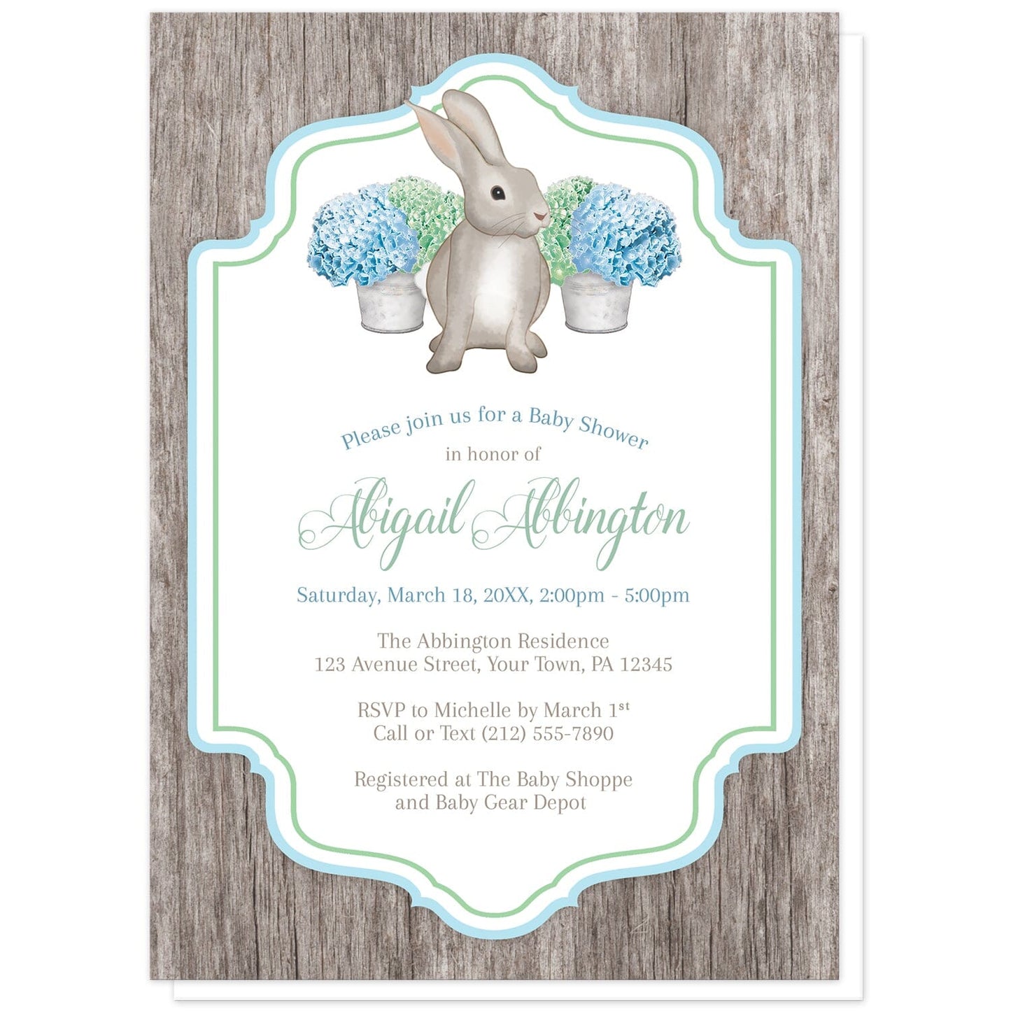 Rustic Blue Green Hydrangea Rabbit Baby Shower Invitations at Artistically Invited. Rustic blue green hydrangea rabbit baby shower invitations with a watercolor-inspired illustration of cute little brown bunny rabbit with blue and green hydrangea floral arrangements in tin buckets behind it. Your personalized baby shower celebration details will be arranged in blue, green, and brown in the white frame area, outlined with blue and green, over a rustic brown wood background.