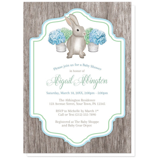 Rustic Blue Green Hydrangea Rabbit Baby Shower Invitations at Artistically Invited. Rustic blue green hydrangea rabbit baby shower invitations with a watercolor-inspired illustration of cute little brown bunny rabbit with blue and green hydrangea floral arrangements in tin buckets behind it. Your personalized baby shower celebration details will be arranged in blue, green, and brown in the white frame area, outlined with blue and green, over a rustic brown wood background.