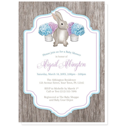 Rustic Purple Blue Hydrangea Rabbit Baby Shower Invitations at Artistically Invited. Rustic purple blue hydrangea rabbit baby shower invitations with a watercolor-inspired illustration of cute little brown bunny rabbit with purple and blue hydrangea floral arrangements in tin buckets. Your personalized baby shower celebration details will be arranged in purple, blue, and brown in the white frame area, outlined with purple and blue, over a rustic brown wood background.