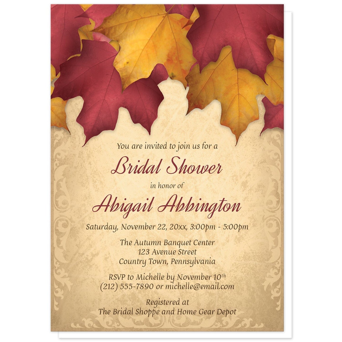 Rustic Burgundy Gold Autumn Bridal Shower Invitations at Artistically Invited. Rustic burgundy gold autumn bridal shower invitations with an arrangement of burgundy and gold fall leaves along the top over a beautiful gold colored background with elegant flourishes along the edges. Your personalized bridal shower or bridal luncheon celebration details are arranged in burgundy and brown over the gold background.