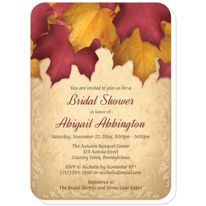 Rustic Burgundy Gold Autumn Bridal Shower Invitations (with rounded corners) at Artistically Invited. Rustic burgundy gold autumn bridal shower invitations with an arrangement of burgundy and gold fall leaves along the top over a beautiful gold colored background with elegant flourishes along the edges. Your personalized bridal shower or bridal luncheon celebration details are custom printed in burgundy and brown over the gold background.