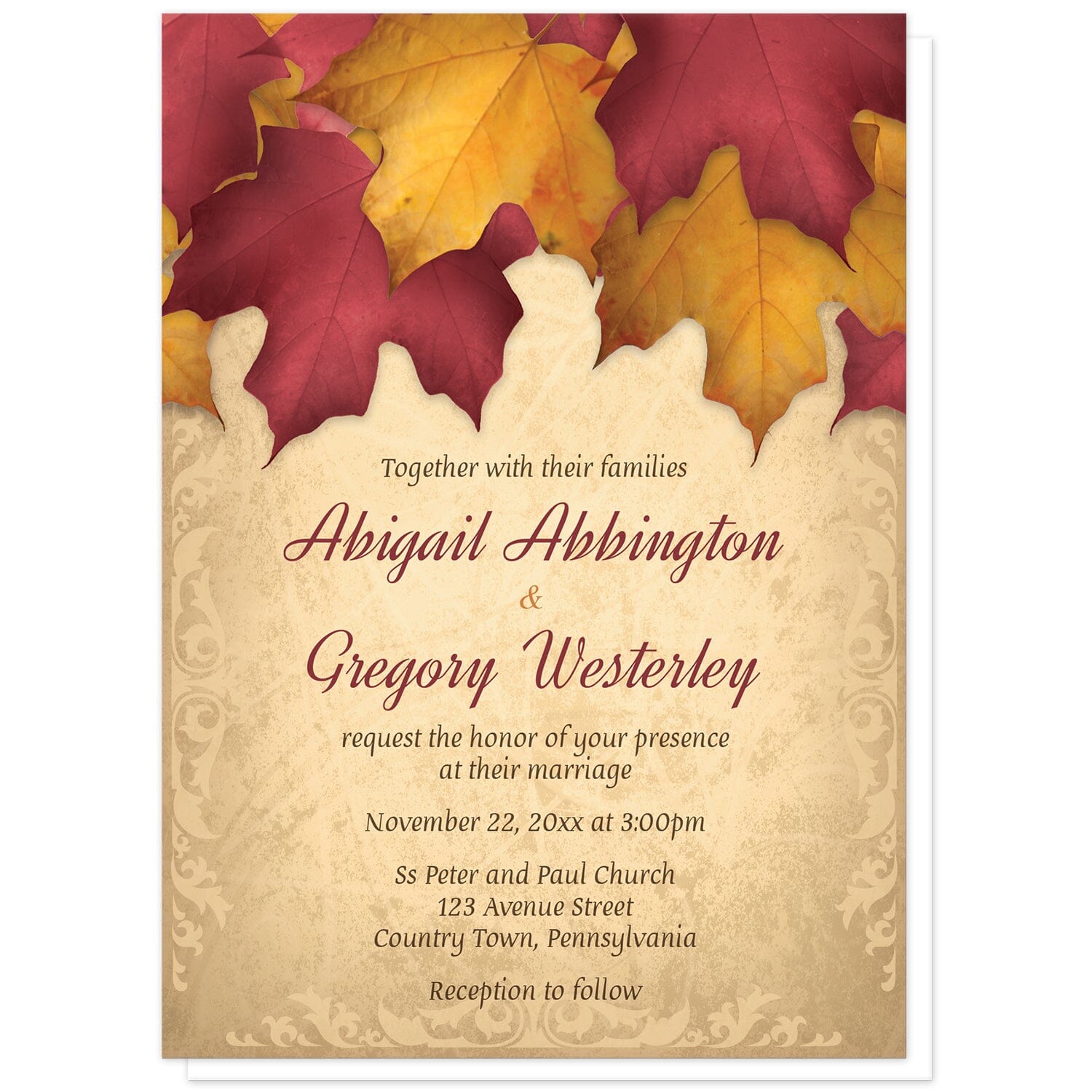 Rustic Burgundy Gold Autumn Wedding Invitations at Artistically Invited. Rustic burgundy gold autumn wedding invitations with an arrangement of burgundy and gold fall leaves along the top over a beautiful gold colored background with elegant flourishes along the edges. Your personalized marriage celebration details are arranged in burgundy and brown over the gold background.