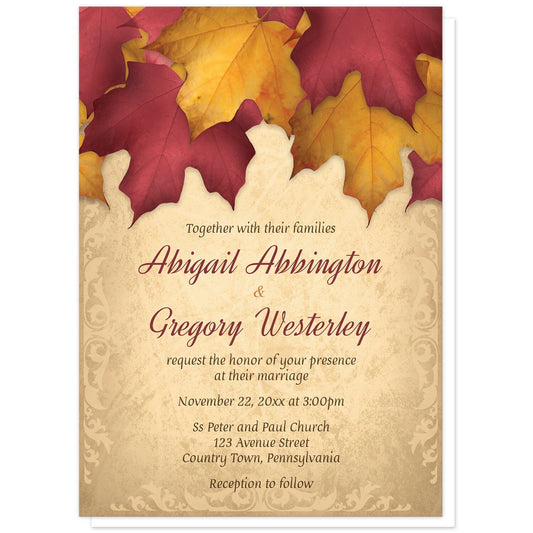 Rustic Burgundy Gold Autumn Wedding Invitations at Artistically Invited. Rustic burgundy gold autumn wedding invitations with an arrangement of burgundy and gold fall leaves along the top over a beautiful gold colored background with elegant flourishes along the edges. Your personalized marriage celebration details are arranged in burgundy and brown over the gold background.