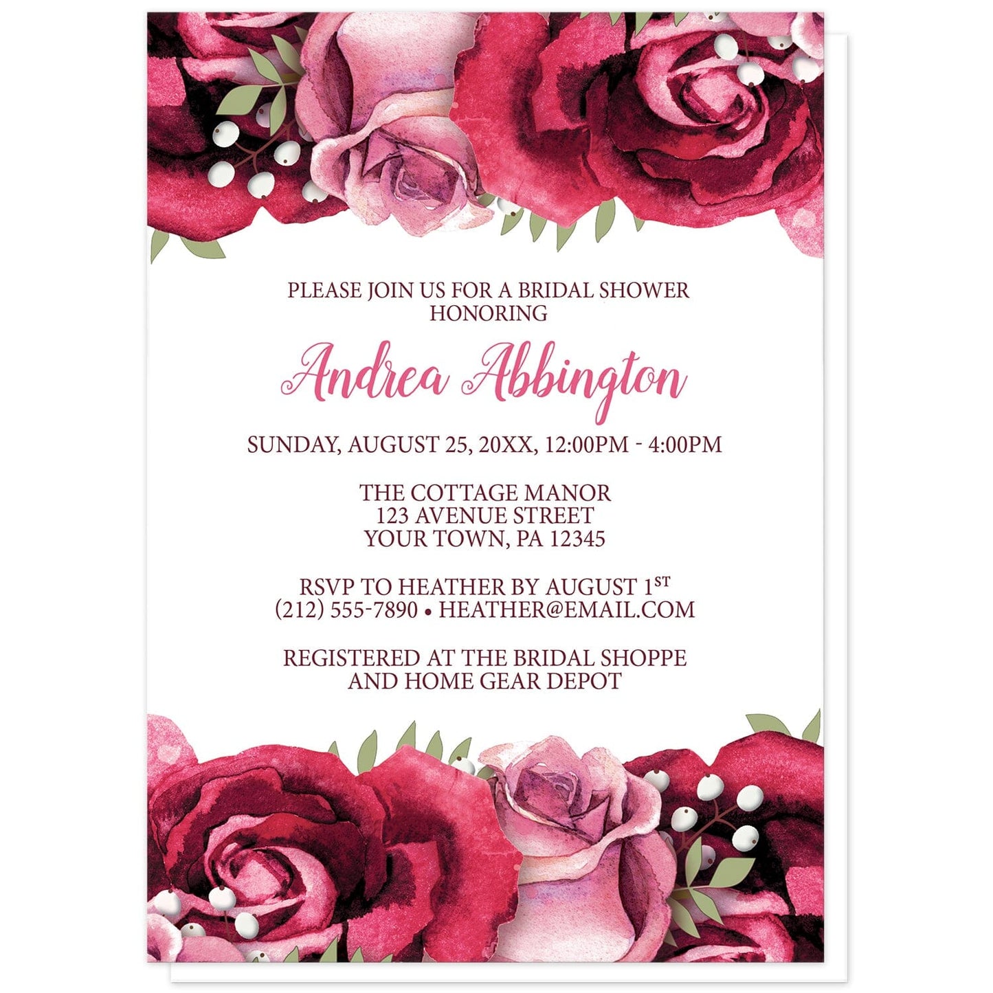 Rustic Burgundy Pink Rose White Bridal Shower Invitations at Artistically Invited. Rustic burgundy pink rose white bridal shower invitations with beautiful burgundy red and pink roses along the top and bottom over a white background. Your personalized bridal shower celebration details are arranged in light and dark burgundy on white in the center between the roses.
