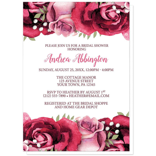 Rustic Burgundy Pink Rose White Bridal Shower Invitations at Artistically Invited. Rustic burgundy pink rose white bridal shower invitations with beautiful burgundy red and pink roses along the top and bottom over a white background. Your personalized bridal shower celebration details are arranged in light and dark burgundy on white in the center between the roses.