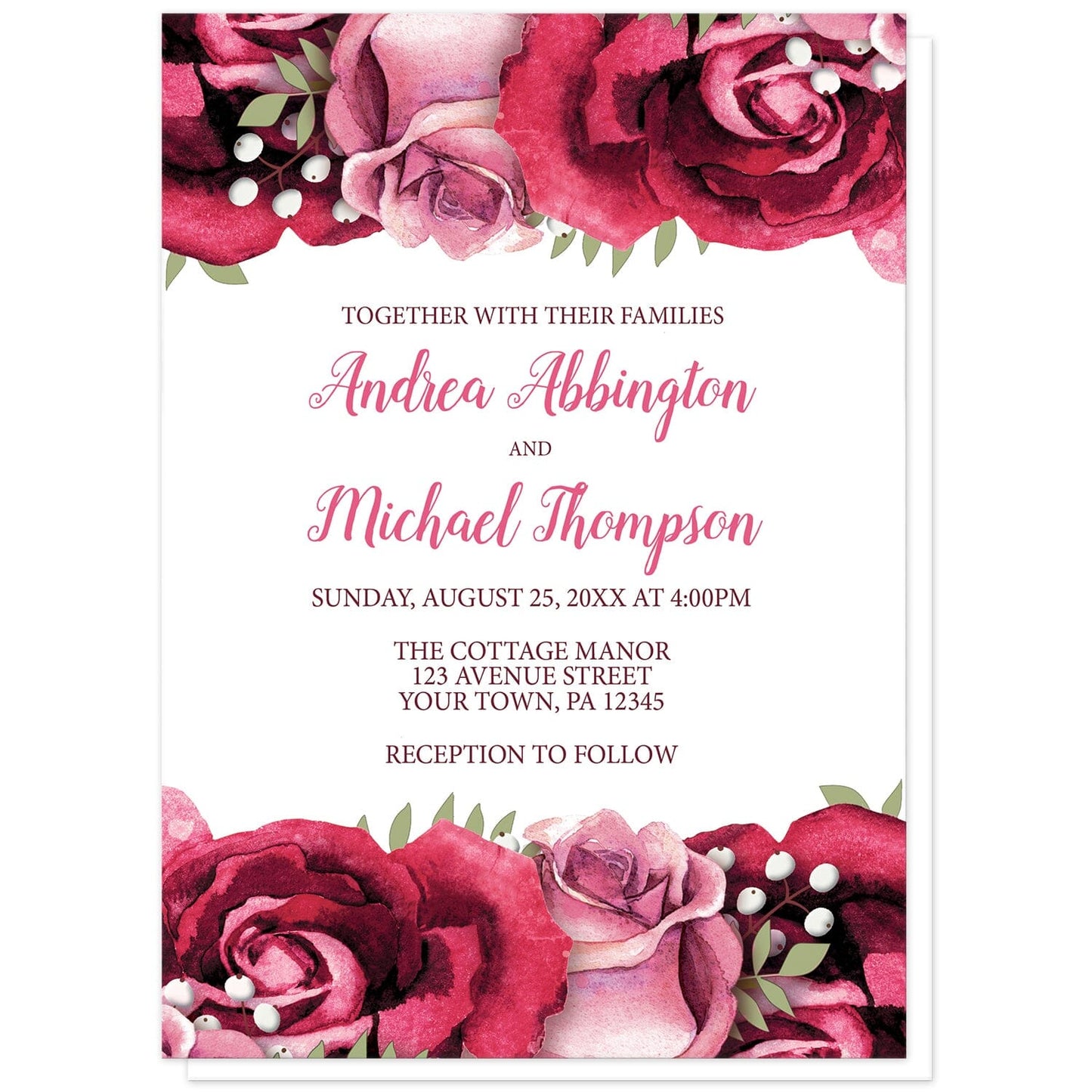 Rustic Burgundy Pink Rose White Wedding Invitations at Artistically Invited. Rustic burgundy pink rose white wedding invitations with beautiful burgundy red and pink roses along the top and bottom over a white background. Your personalized marriage celebration details are arranged in light and dark burgundy on white in the center between the roses.