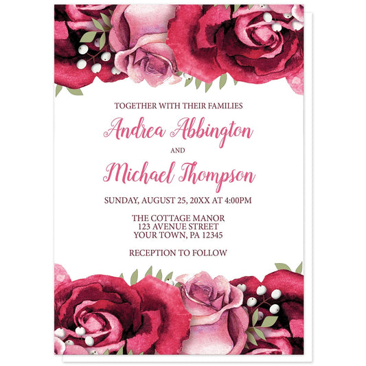 Rustic Burgundy Pink Rose White Wedding Invitations at Artistically Invited. Rustic burgundy pink rose white wedding invitations with beautiful burgundy red and pink roses along the top and bottom over a white background. Your personalized marriage celebration details are arranged in light and dark burgundy on white in the center between the roses.