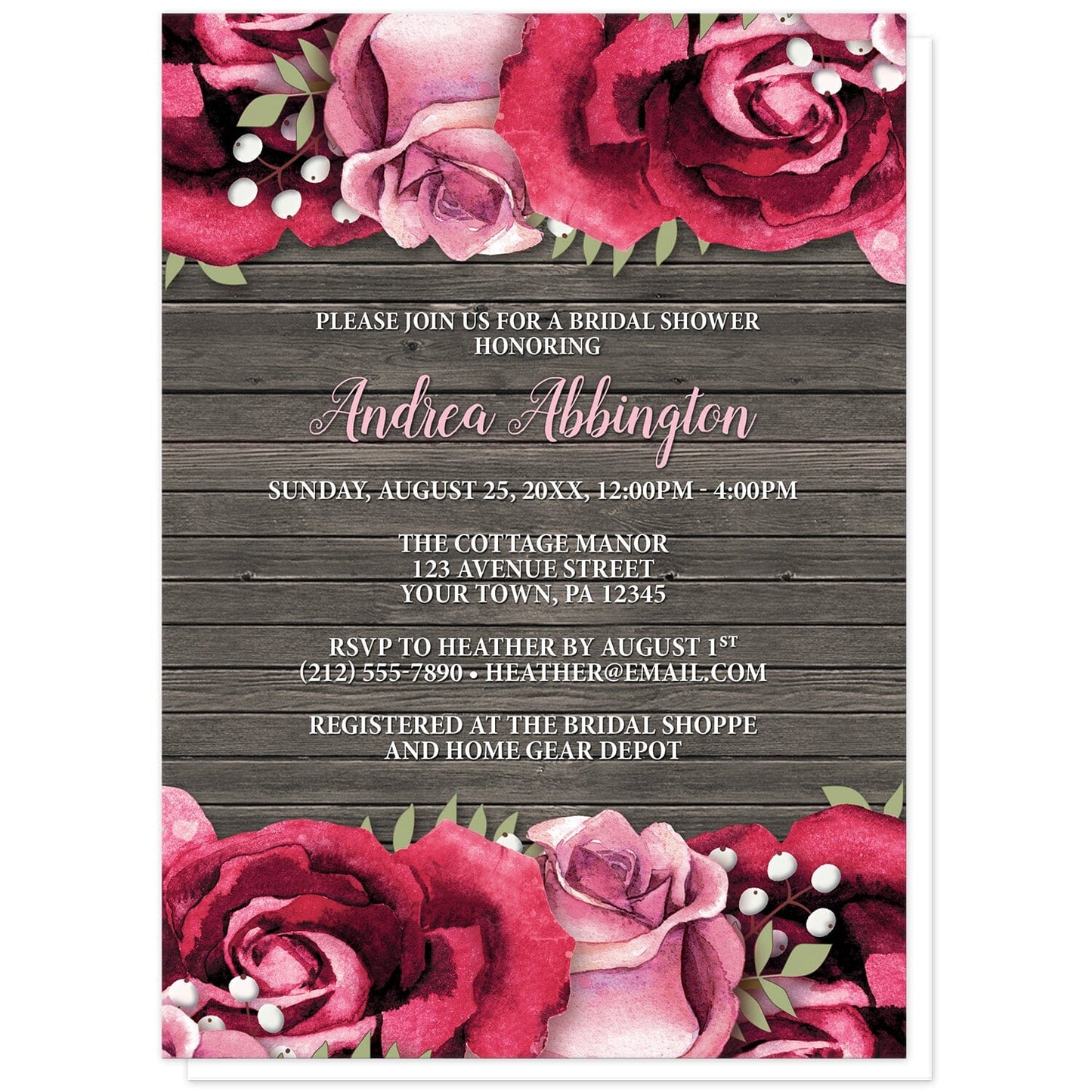Rustic Burgundy Pink Rose Wood Bridal Shower Invitations at Artistically Invited. Rustic burgundy pink rose wood bridal shower invitations with beautiful burgundy red and pink roses along the top and bottom over a brown wood background design. Your personalized bridal shower celebration details are arranged in pink and white over the rustic wood background in the center between the roses.