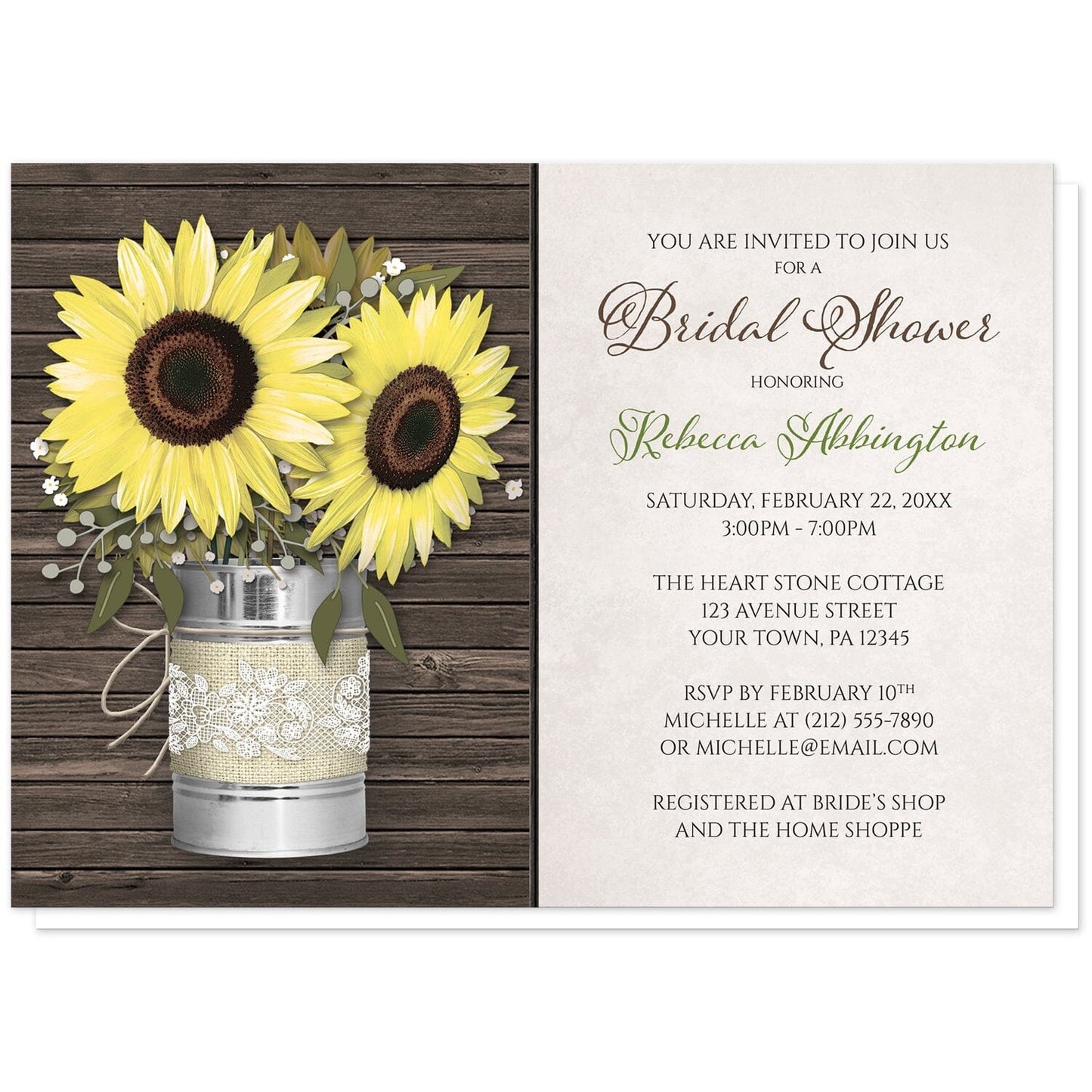 Rustic Burlap and Lace Tin Can Sunflower Bridal Shower Invitations at Artistically Invited. Rustic burlap and lace tin can sunflower bridal shower invitations with an illustration of big yellow sunflowers inside a rustic metal tin can wrapped in burlap and lace and tied with twine over a dark wood background. Your personalized bridal shower celebration details are arranged in green and brown over a beige background to the right of the tin can sunflowers.
