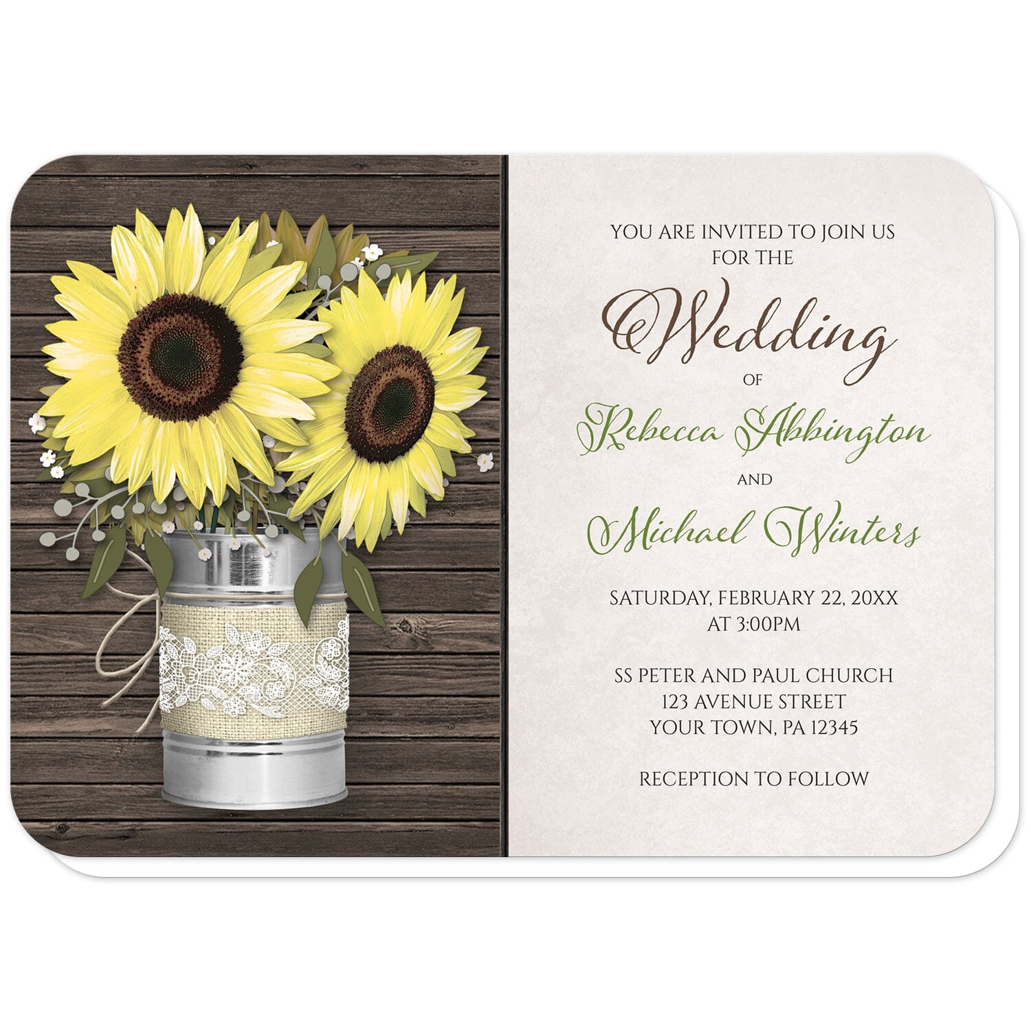 Rustic Burlap and Lace Tin Can Sunflower Wedding Invitations (with rounded corners) at Artistically Invited. Rustic burlap and lace tin can sunflower wedding invitations with an illustration of big yellow sunflowers inside a rustic metal tin can wrapped in burlap and lace and tied with twine over a dark wood background. Your personalized marriage celebration details are custom printed in green and brown over a beige background to the right of the tin can sunflowers.