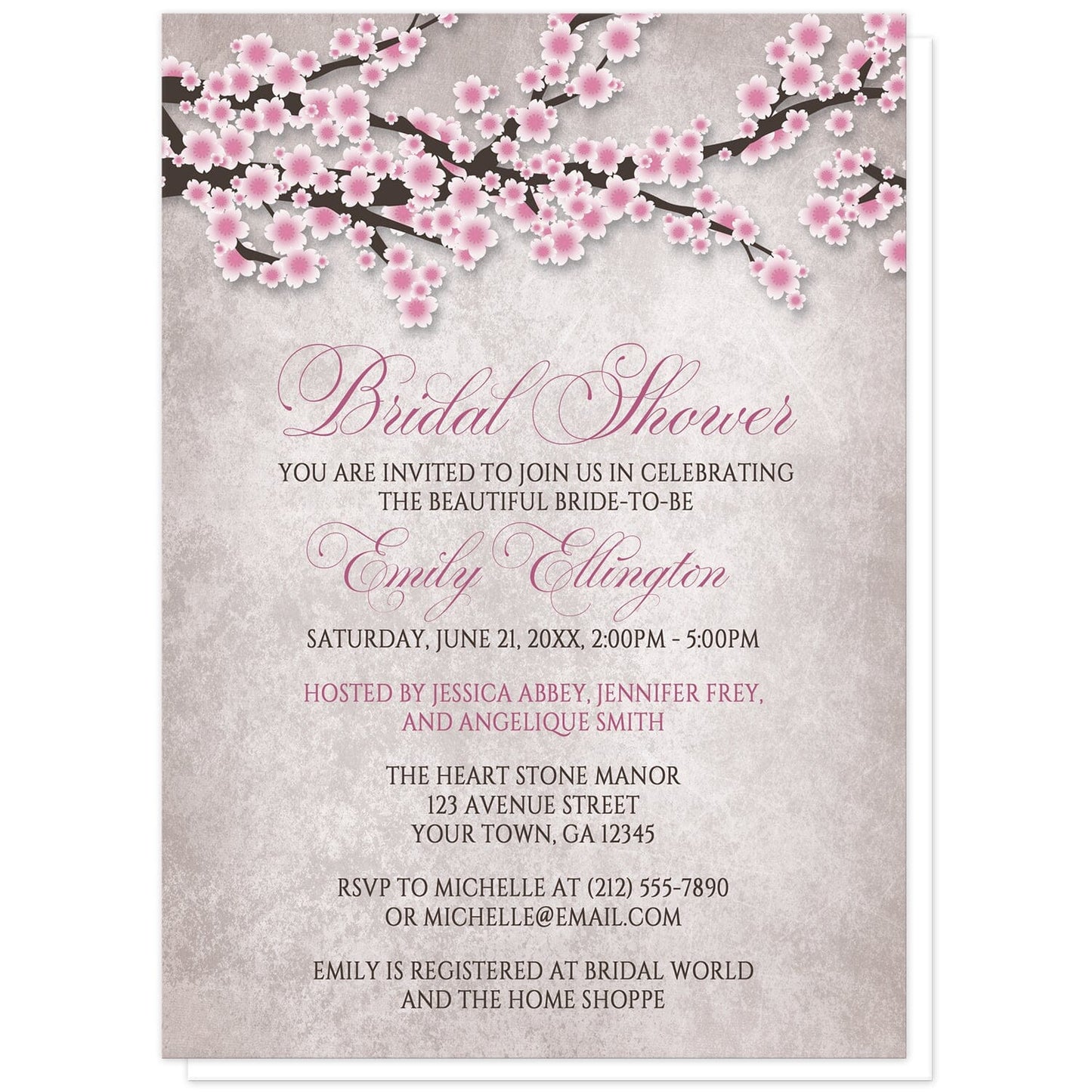 Rustic Pink Cherry Blossom Bridal Shower Invitations at Artistically Invited. Rustic pink cherry blossom bridal shower invitations featuring an illustration of pink and white with dark brown cherry blossom branches along the top. Your personalized bridal shower celebration details are arranged in pink and dark brown over a stony grayish brown background below the pretty cherry blossom branches.