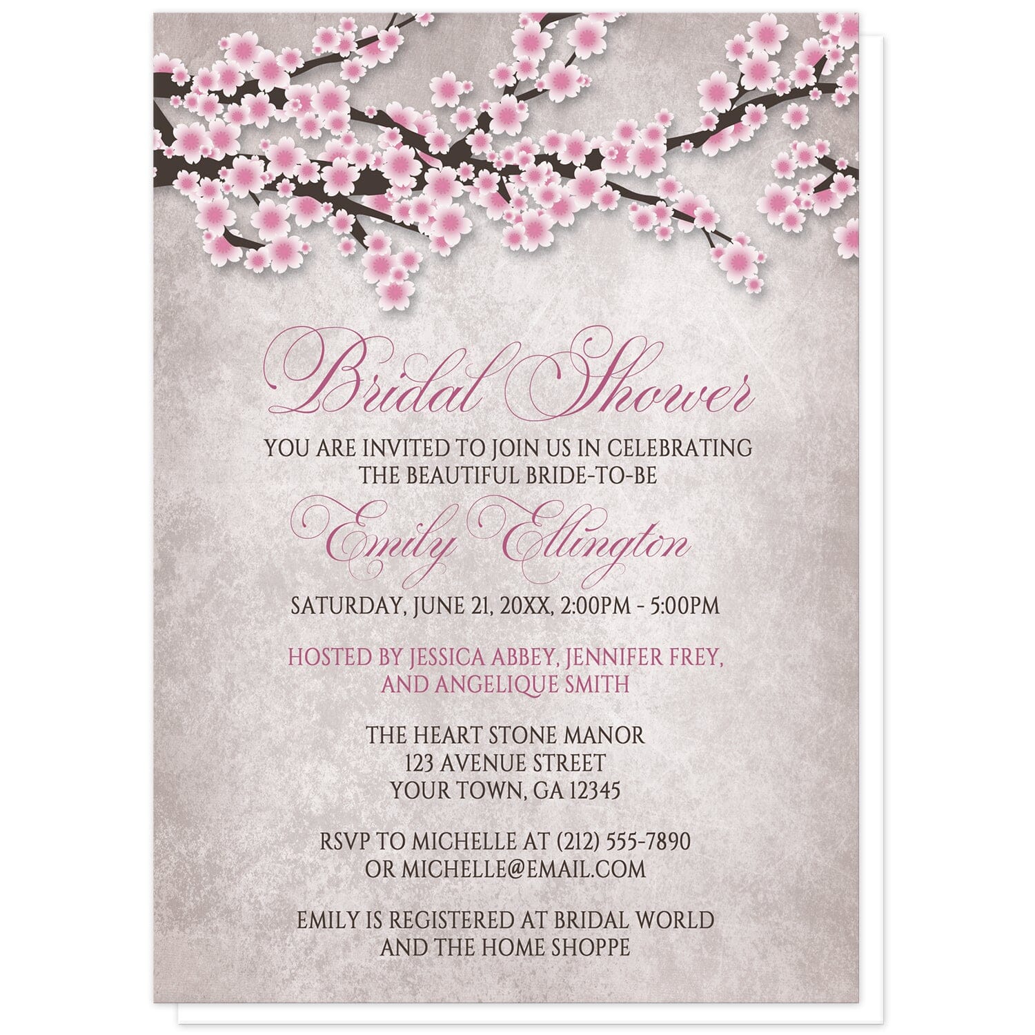 Rustic Pink Cherry Blossom Bridal Shower Invitations at Artistically Invited. Rustic pink cherry blossom bridal shower invitations featuring an illustration of pink and white with dark brown cherry blossom branches along the top. Your personalized bridal shower celebration details are arranged in pink and dark brown over a stony grayish brown background below the pretty cherry blossom branches.