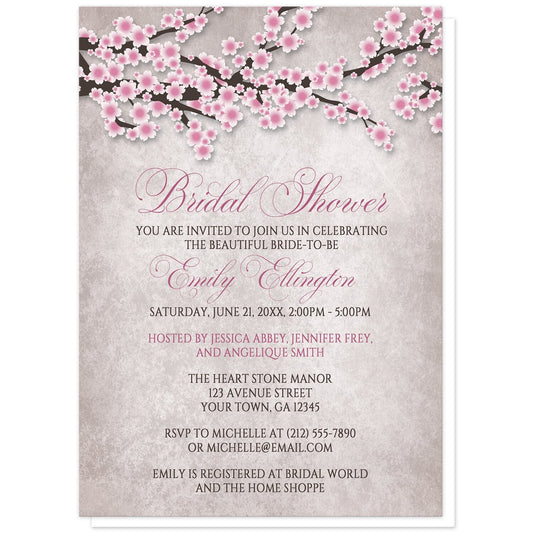 Rustic Pink Cherry Blossom Bridal Shower Invitations at Artistically Invited. Rustic pink cherry blossom bridal shower invitations featuring an illustration of pink and white with dark brown cherry blossom branches along the top. Your personalized bridal shower celebration details are arranged in pink and dark brown over a stony grayish brown background below the pretty cherry blossom branches.