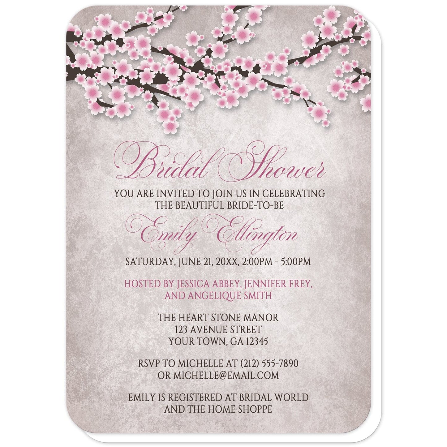 Rustic Pink Cherry Blossom Bridal Shower Invitations (with rounded corners) at Artistically Invited. Rustic pink cherry blossom bridal shower invitations featuring an illustration of pink and white with dark brown cherry blossom branches along the top. Your personalized bridal shower celebration details are custom printed in pink and dark brown over a stony grayish brown background below the pretty cherry blossom branches.