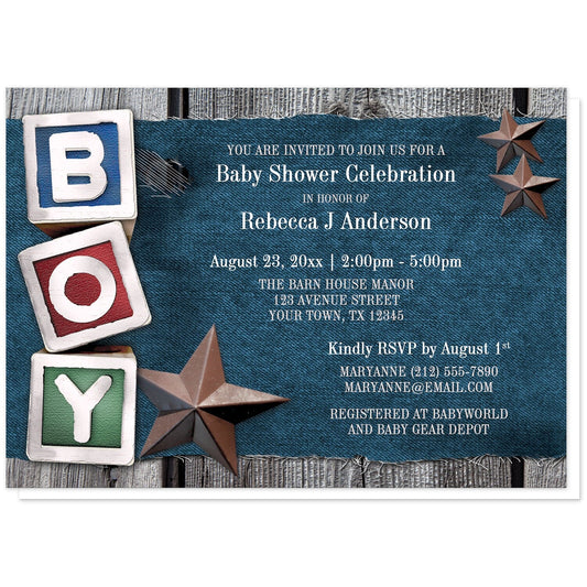 Rustic Country Boy Denim Baby Shower Invitations at Artistically Invited. Rustic country boy denim baby shower invitations with an illustration of toy blocks that spell "BOY" along the left side and brown rustic Texas stars over a blue fraying denim and rough wood background illustration. Your personalized baby shower celebration details are arranged in white and light gray over the denim background.
