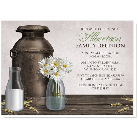 Rustic Country Dairy Farm Family Reunion Invitations at Artistically Invited. Rustic country dairy farm family reunion invitations with an illustration of an antique milk can, two milk bottles (one with milk, the other with white daisies and water) on a dark wood tabletop with hay stems. Your personalized reunion event details are arranged in brown and green over a light parchment-colored background.