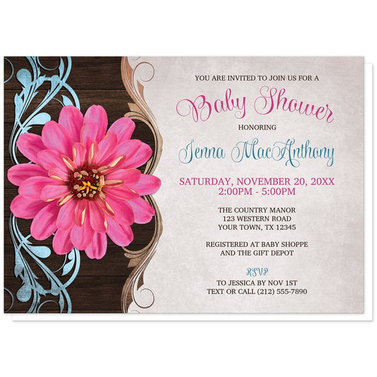 Rustic Country Pink Zinnia Baby Shower Invitations at Artistically Invited. Southern-inspired rustic country pink zinnia baby shower invitations with a pretty and vibrant pink zinnia flower over a brown wood pattern with blue and tan flourishes along the left side. Your personalized baby shower celebration details are arranged in brown, blue, and pink over a light parchment-colored background.