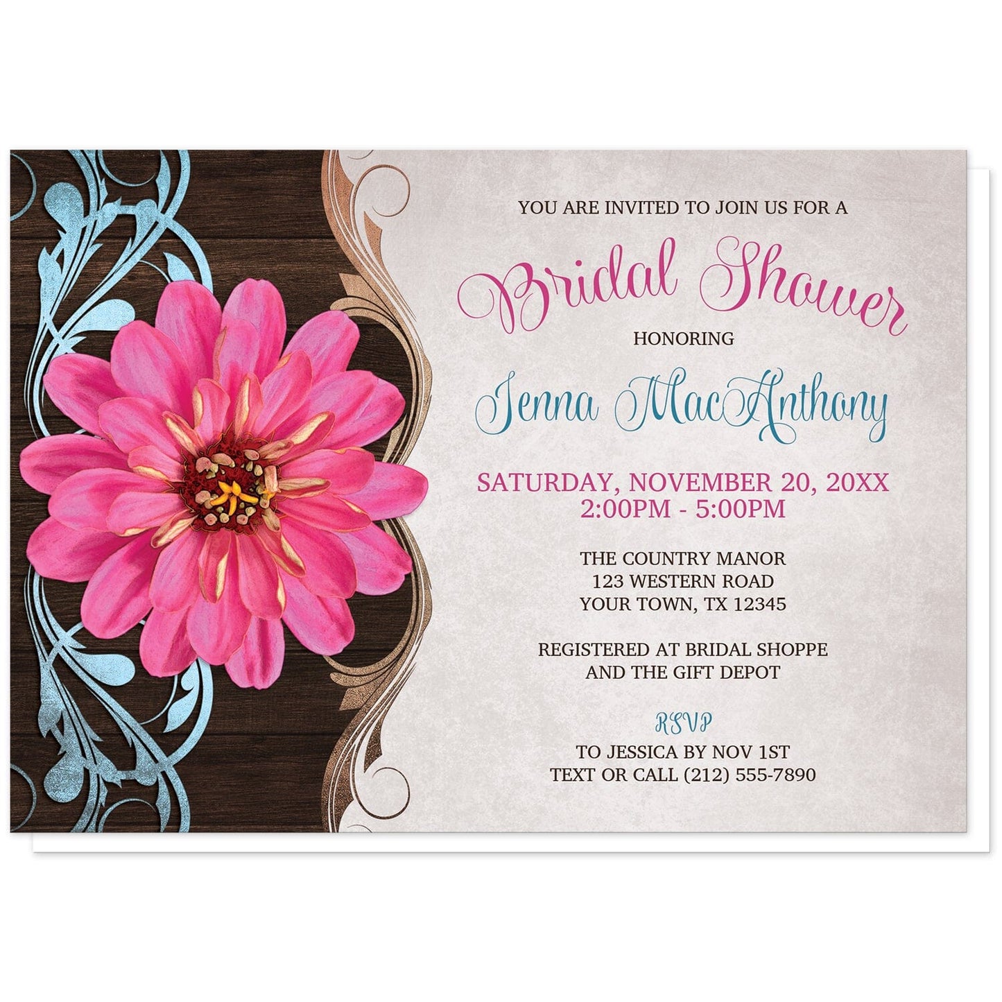 Rustic Country Pink Zinnia Bridal Shower Invitations at Artistically Invited. Southern-inspired rustic country pink zinnia bridal shower invitations with a pretty and vibrant pink zinnia flower over a brown wood pattern with blue and tan flourishes along the left side. Your personalized bridal shower celebration details are arranged in brown, blue, and pink over a light parchment-colored background.