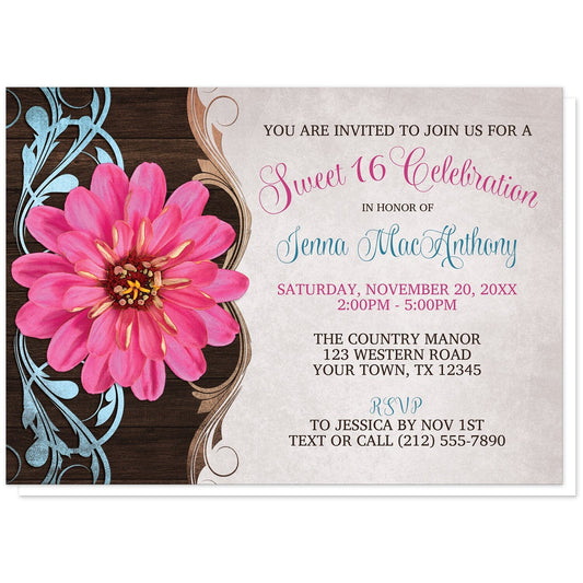 Rustic Country Pink Zinnia Sweet 16 Invitations at Artistically Invited. Southern-inspired rustic country pink zinnia Sweet 16 invitations with a pretty and vibrant pink zinnia flower over a brown wood pattern with blue and tan flourishes along the left side. Your personalized sweet sixteen party details are arranged in brown, blue, and pink over a light parchment-colored background.