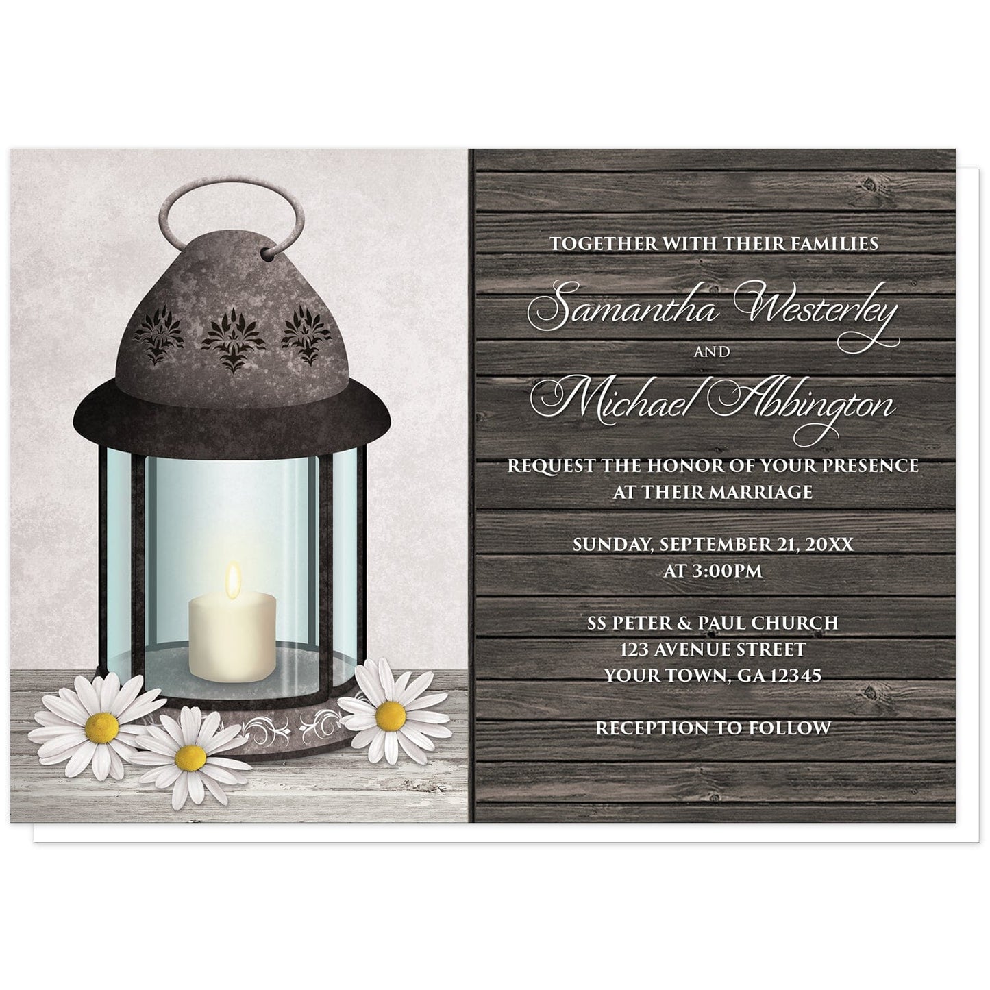 Rustic Daisy Lantern Wood Wedding Invitations at Artistically Invited. Country-inspired rustic daisy lantern wood wedding invitations with an old rustic but elegant ornate metal lantern illustration with a lit candle inside, daisies around it on a light wood tabletop, in front of a rustic light gray parchment background on the left side of the invitations. You personalized marriage celebration details are arranged in white over a dark wood pattern on the right side.