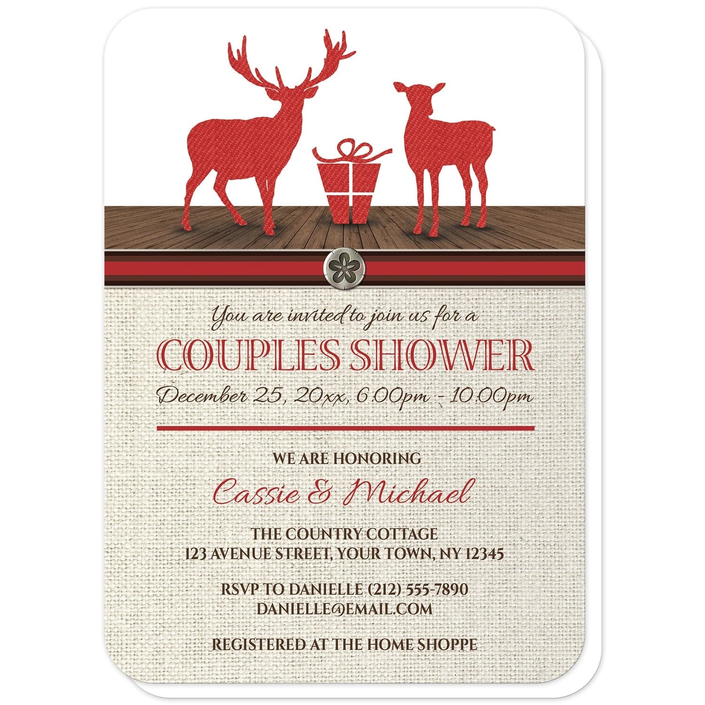 Rustic Deer Burlap Red Holiday Couples Shower Invitations (with rounded corners) at Artistically Invited. Rustic deer burlap red holiday couples shower invitations designed with two deer standing with a present in a red silhouette design with a denim pattern on a brown wood floor at the top of the invitations. Your personalized couples shower celebration details are custom printed in red and brown over a beige burlap background illustration.