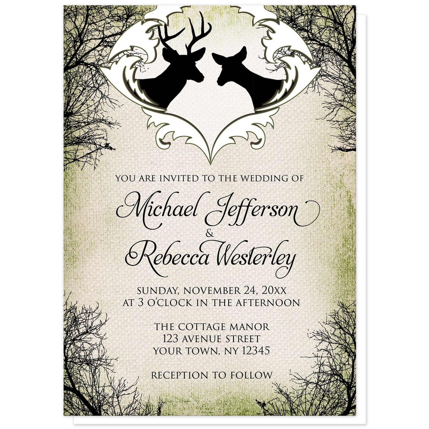 Rustic Deer Frame Canvas Wedding Invitations at Artistically Invited. Rustic deer frame canvas wedding invitations designed with black silhouettes of a buck with antlers and a doe in a white frame design at the top, over a rustic brown and green canvas design bordered with winter tree silhouettes. Your personalized marriage celebration details are arranged in black below the deer over the canvas background design.