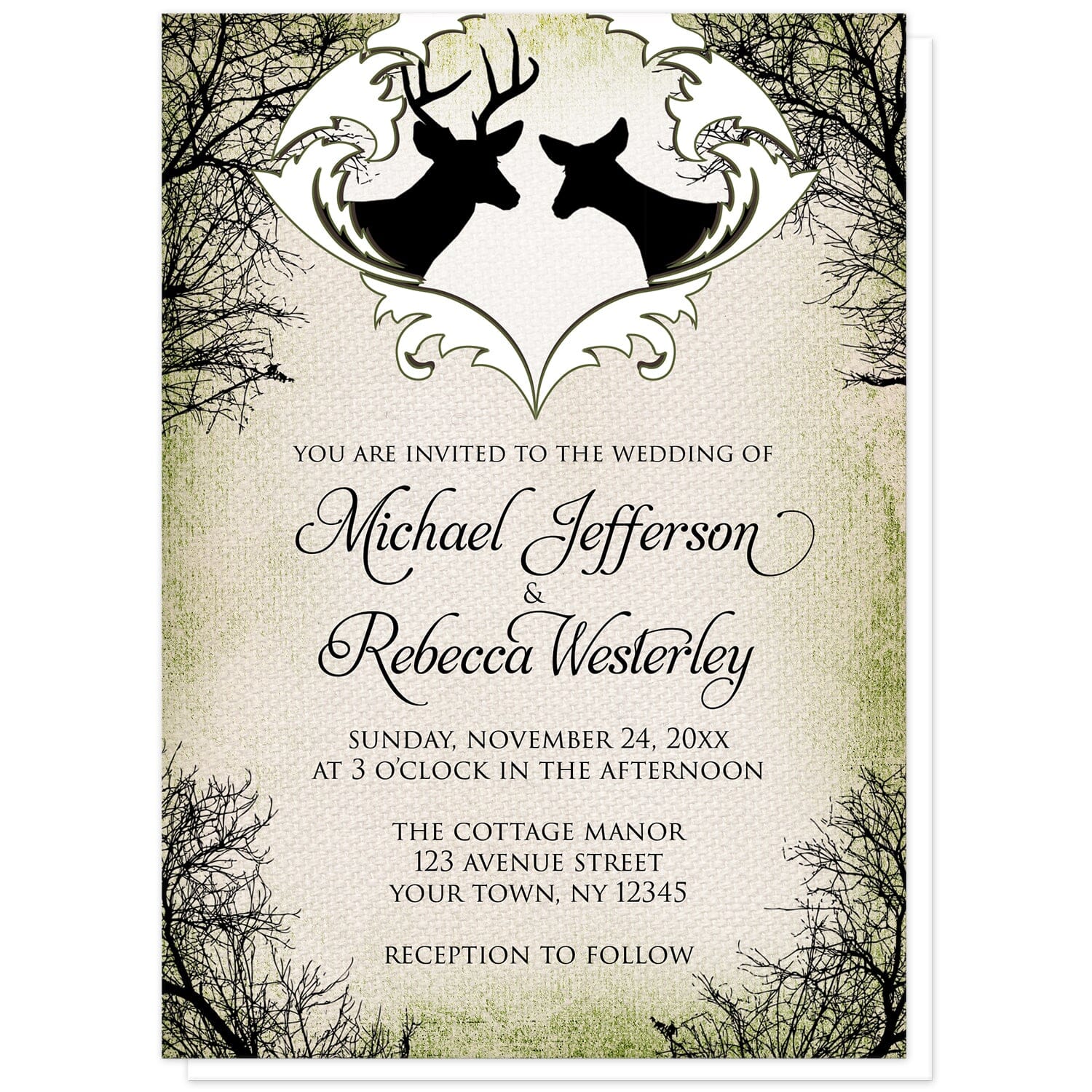 Rustic Deer Frame Canvas Wedding Invitations at Artistically Invited. Rustic deer frame canvas wedding invitations designed with black silhouettes of a buck with antlers and a doe in a white frame design at the top, over a rustic brown and green canvas design bordered with winter tree silhouettes. Your personalized marriage celebration details are arranged in black below the deer over the canvas background design.