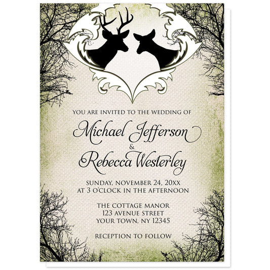 Rustic Deer Frame Canvas Wedding Invitations at Artistically Invited. Rustic deer frame canvas wedding invitations designed with black silhouettes of a buck with antlers and a doe in a white frame design at the top, over a rustic brown and green canvas design bordered with winter tree silhouettes. Your personalized marriage celebration details are arranged in black below the deer over the canvas background design.